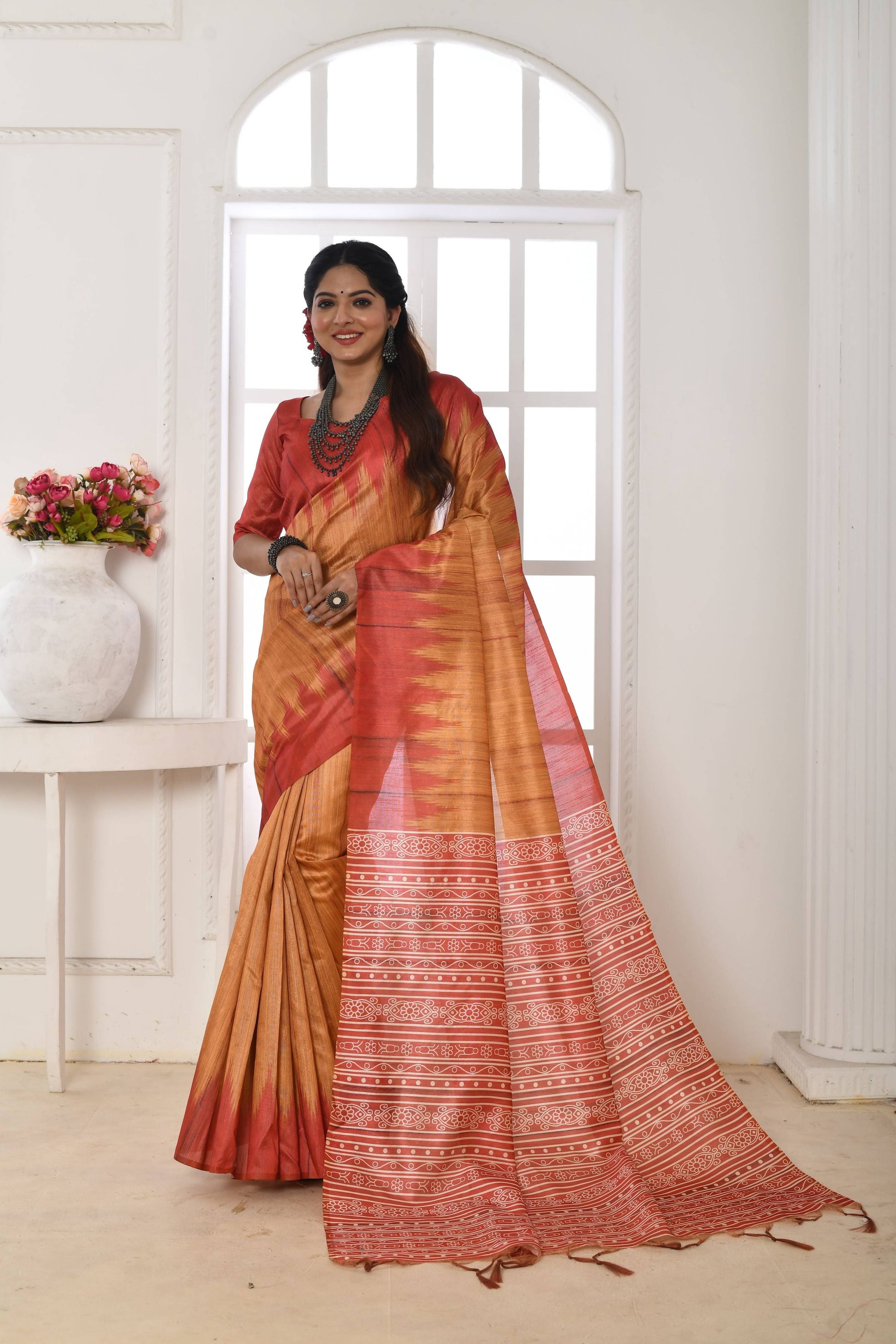 Jyoti Fashion Women's Mustard Soft Tussar Silk Printed Temple Border Traditional Saree with Blouse | Swadesiicart