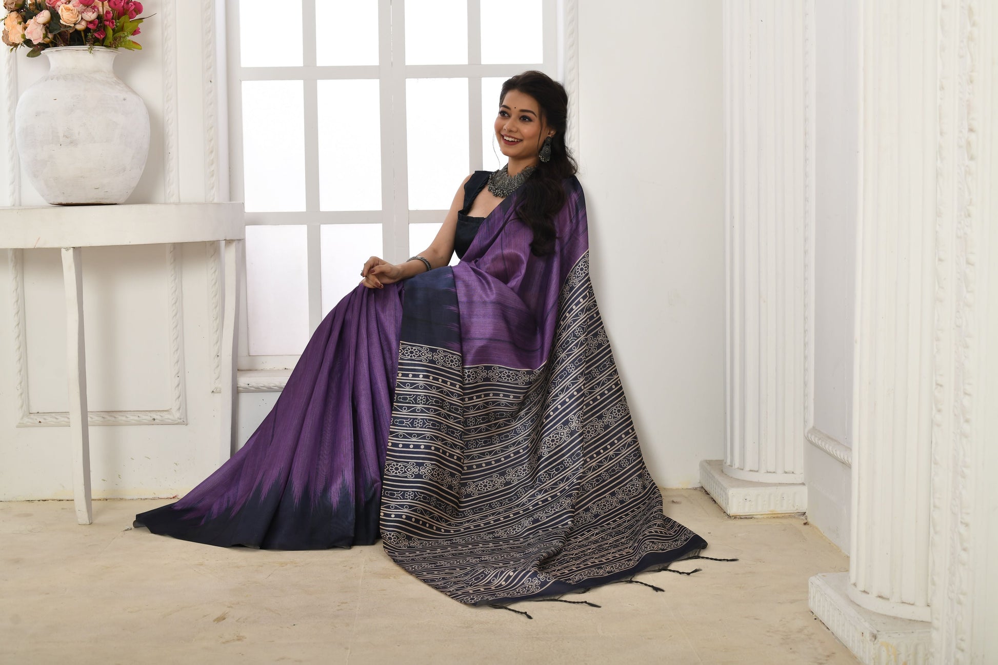 Jyoti Fashion Women's Purple Soft Tussar Silk Printed Temple Border Traditional Saree with Blouse | Swadesiicart