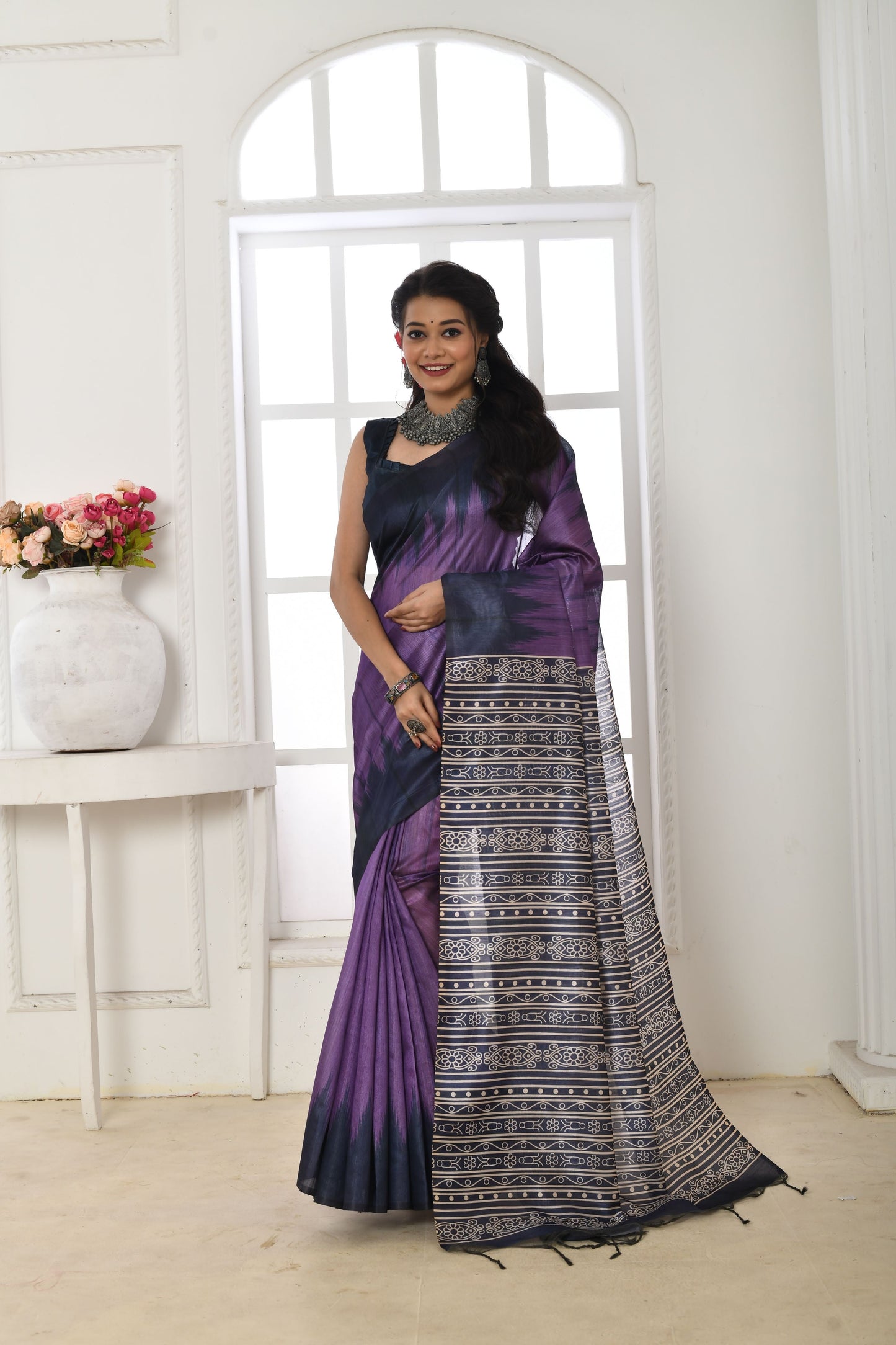 Jyoti Fashion Women's Purple Soft Tussar Silk Printed Temple Border Traditional Saree with Blouse | Swadesiicart
