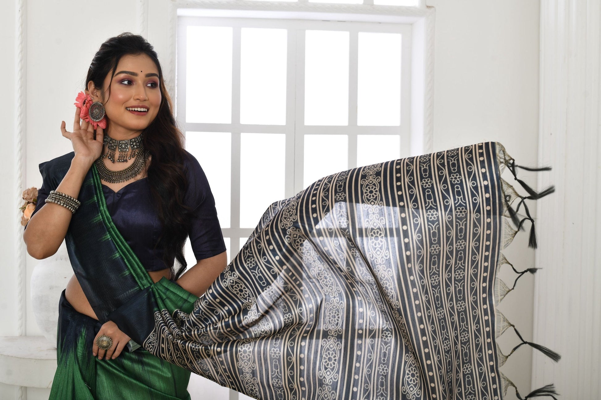 Jyoti Fashion Women's Green Soft Tussar Silk Printed Temple Border Traditional Saree with Blouse | Swadesiicart