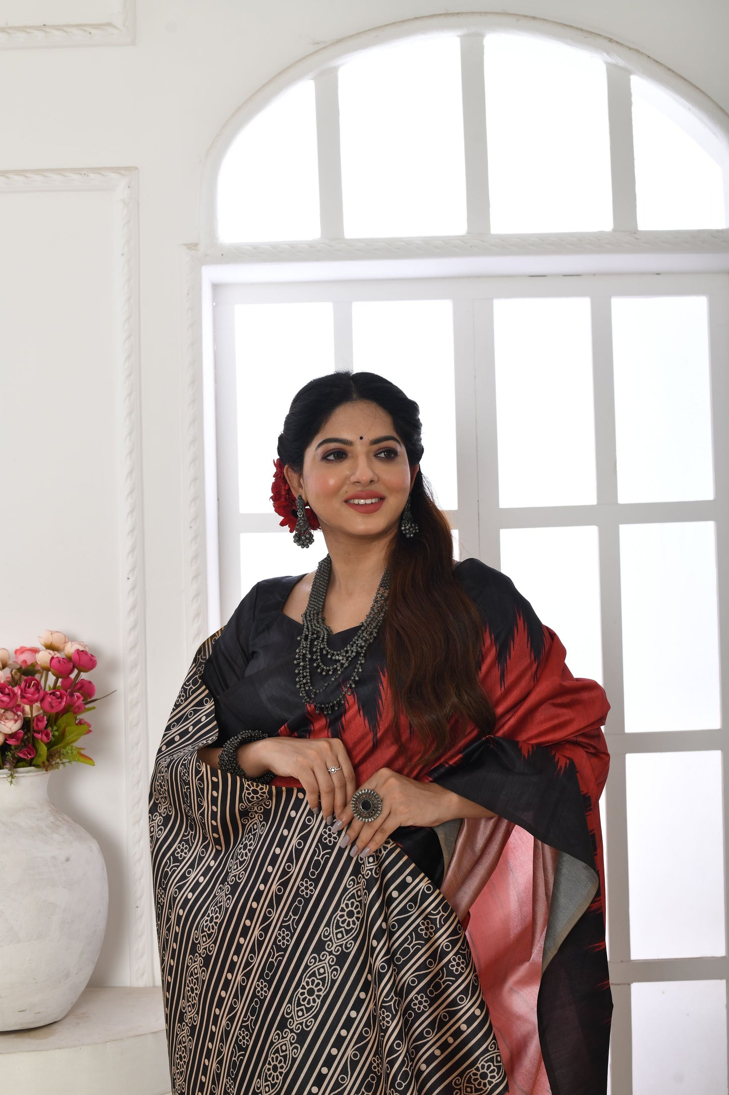 Jyoti Fashion Women's Red Soft Tussar Silk Printed Temple Border Traditional Saree with Blouse | Swadesiicart