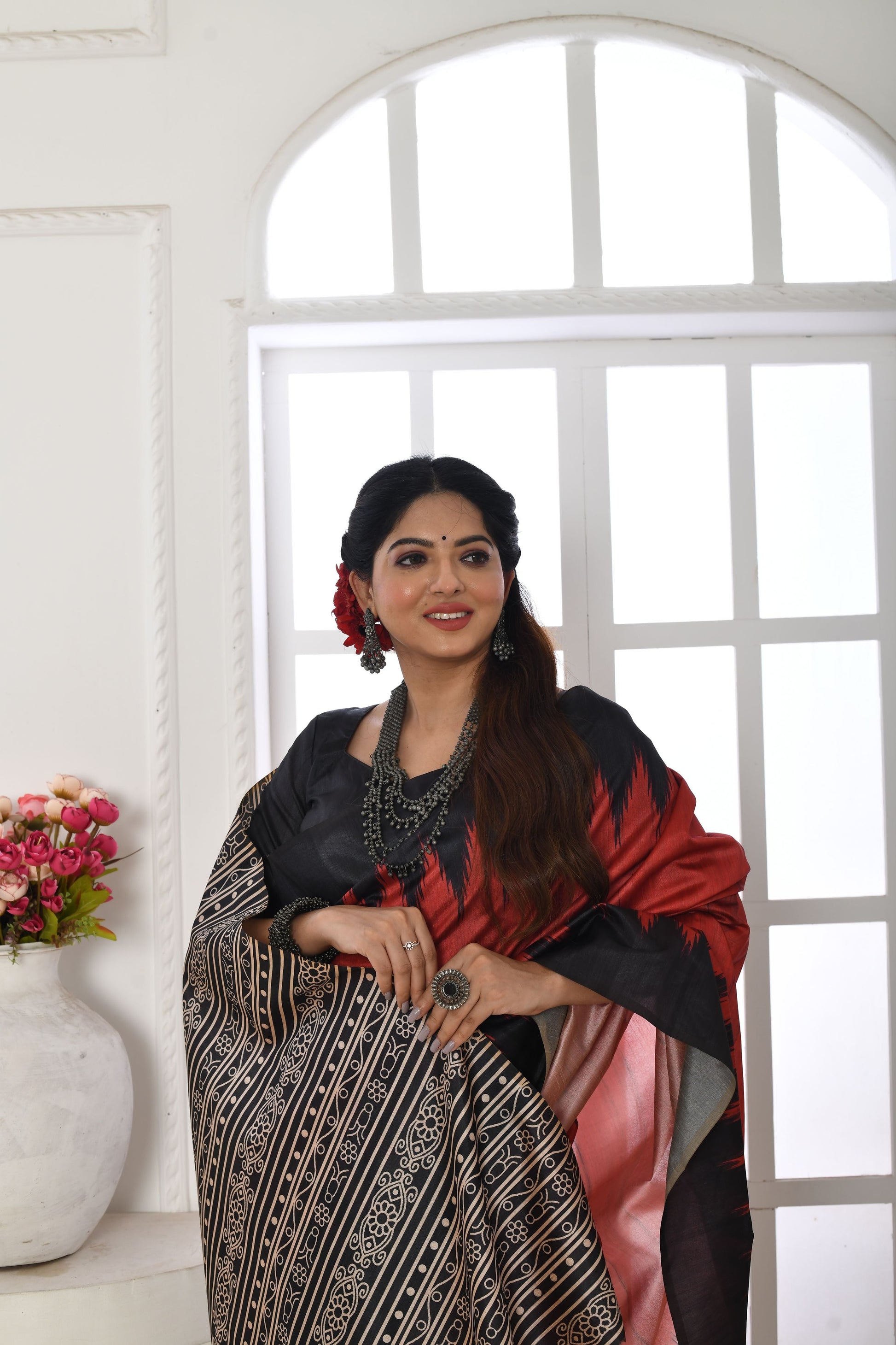 Jyoti Fashion Women's Red Soft Tussar Silk Printed Temple Border Traditional Saree with Blouse | Swadesiicart