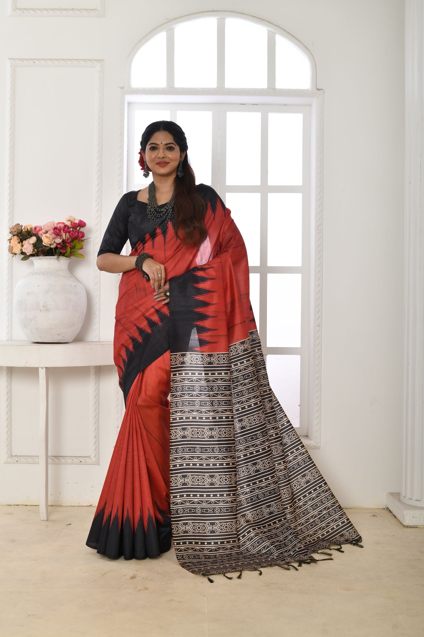 Jyoti Fashion Women's Red Soft Tussar Silk Printed Temple Border Traditional Saree with Blouse | Swadesiicart