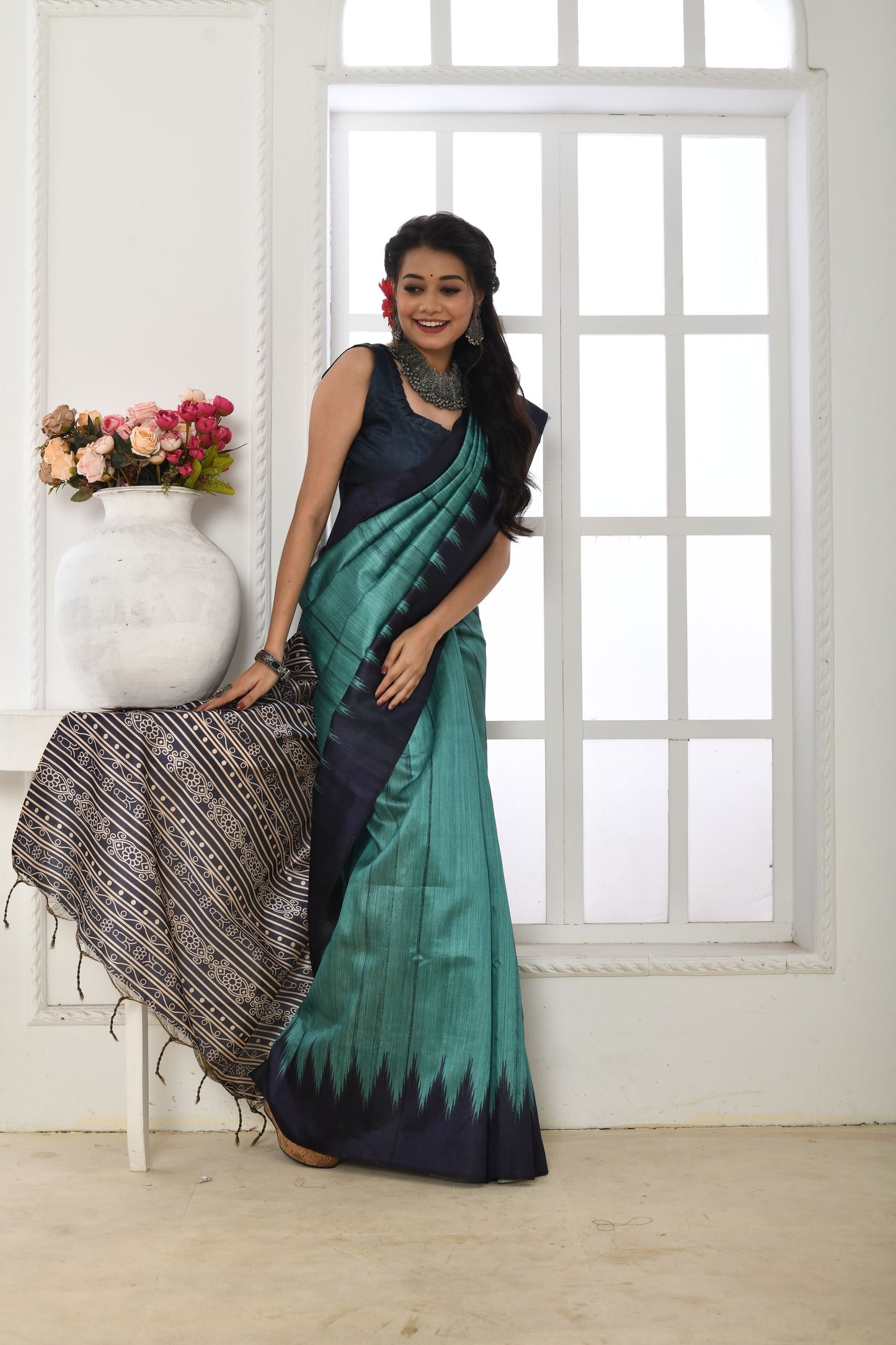 Jyoti Fashion Women's Firozi Soft Tussar Silk Printed Temple Border Traditional Saree with Blouse | Swadesiicart