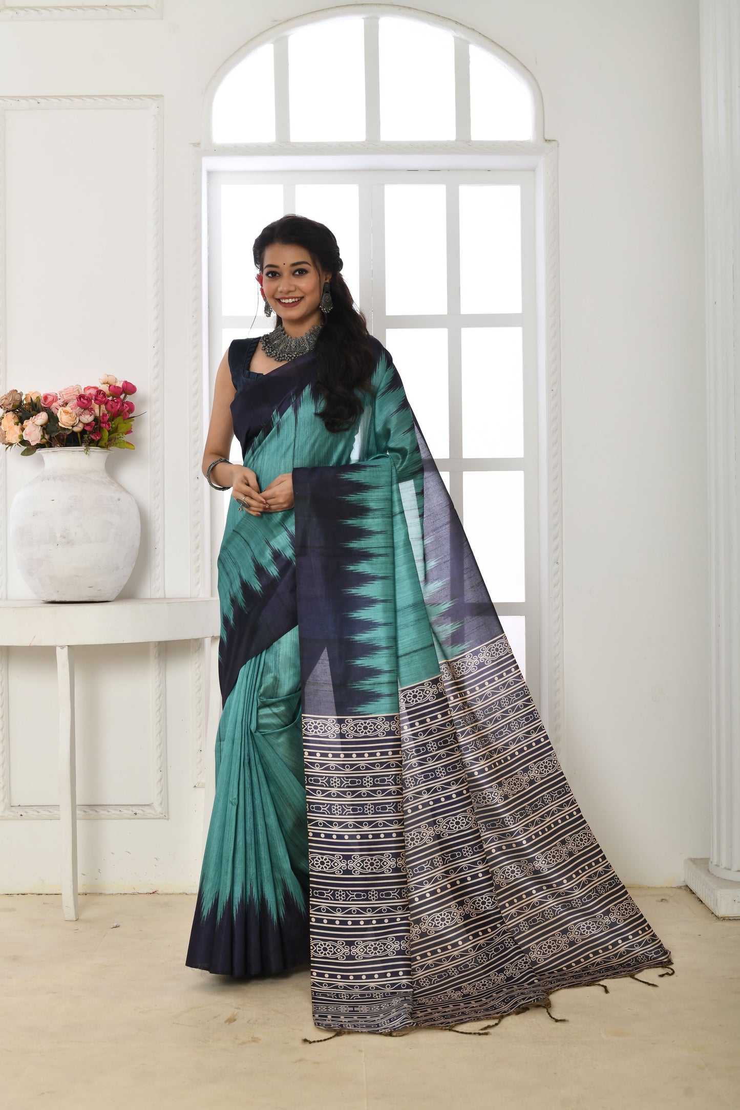 Jyoti Fashion Women's Firozi Soft Tussar Silk Printed Temple Border Traditional Saree with Blouse | Swadesiicart