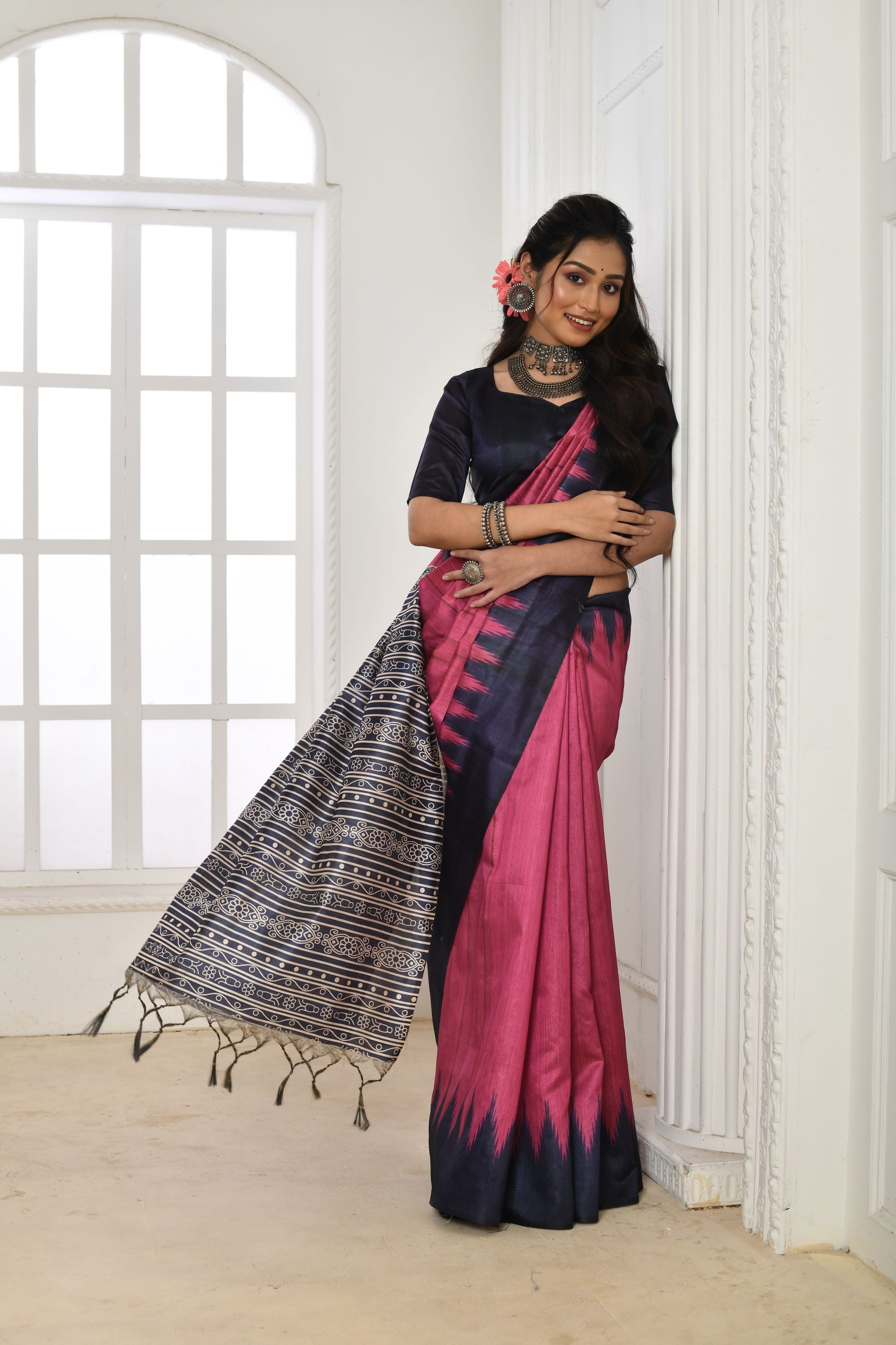 Jyoti Fashion Women's Pink Soft Tussar Silk Printed Temple Border Traditional Saree with Blouse | Swadesiicart