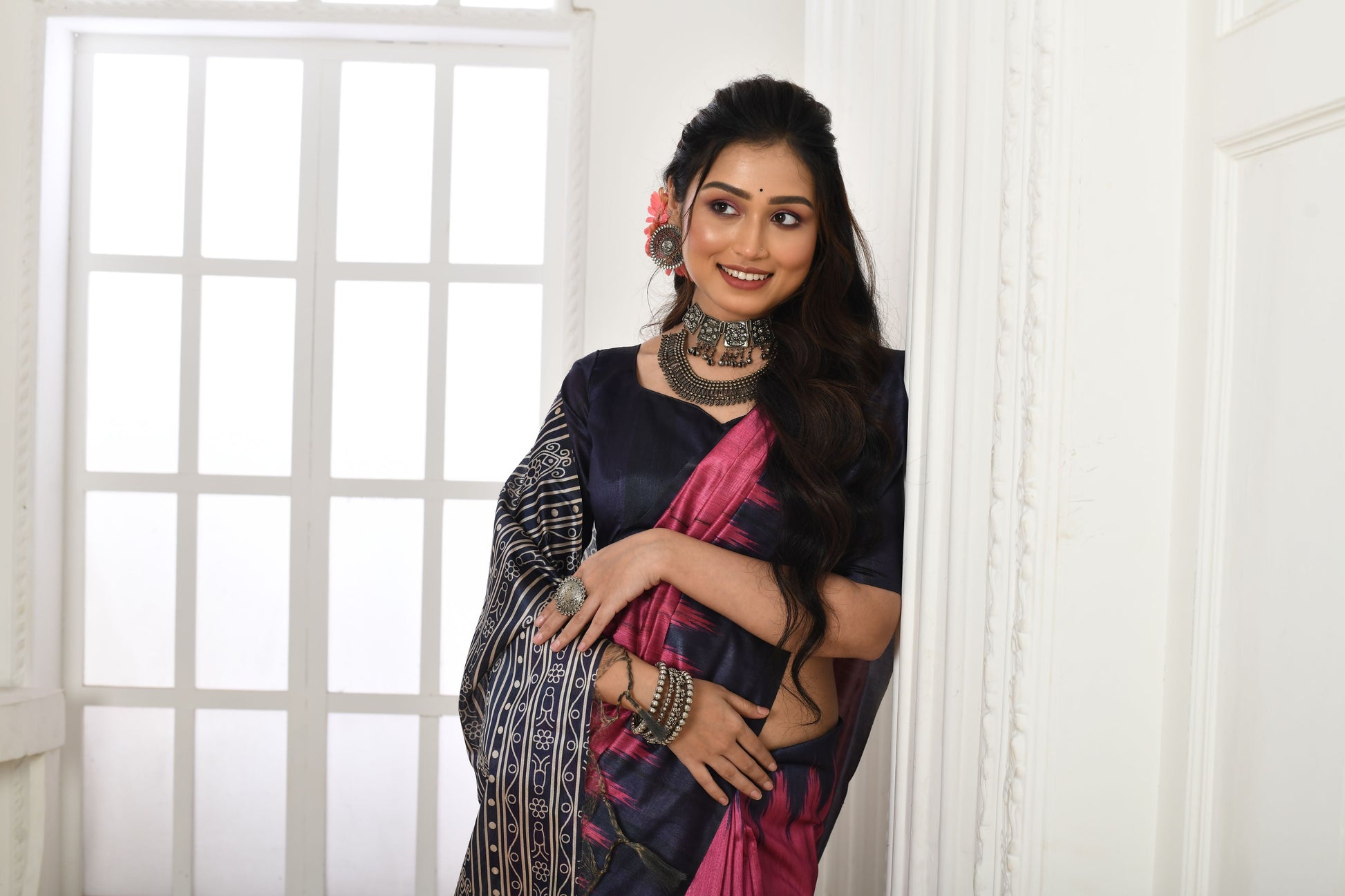 Jyoti Fashion Women's Pink Soft Tussar Silk Printed Temple Border Traditional Saree with Blouse | Swadesiicart