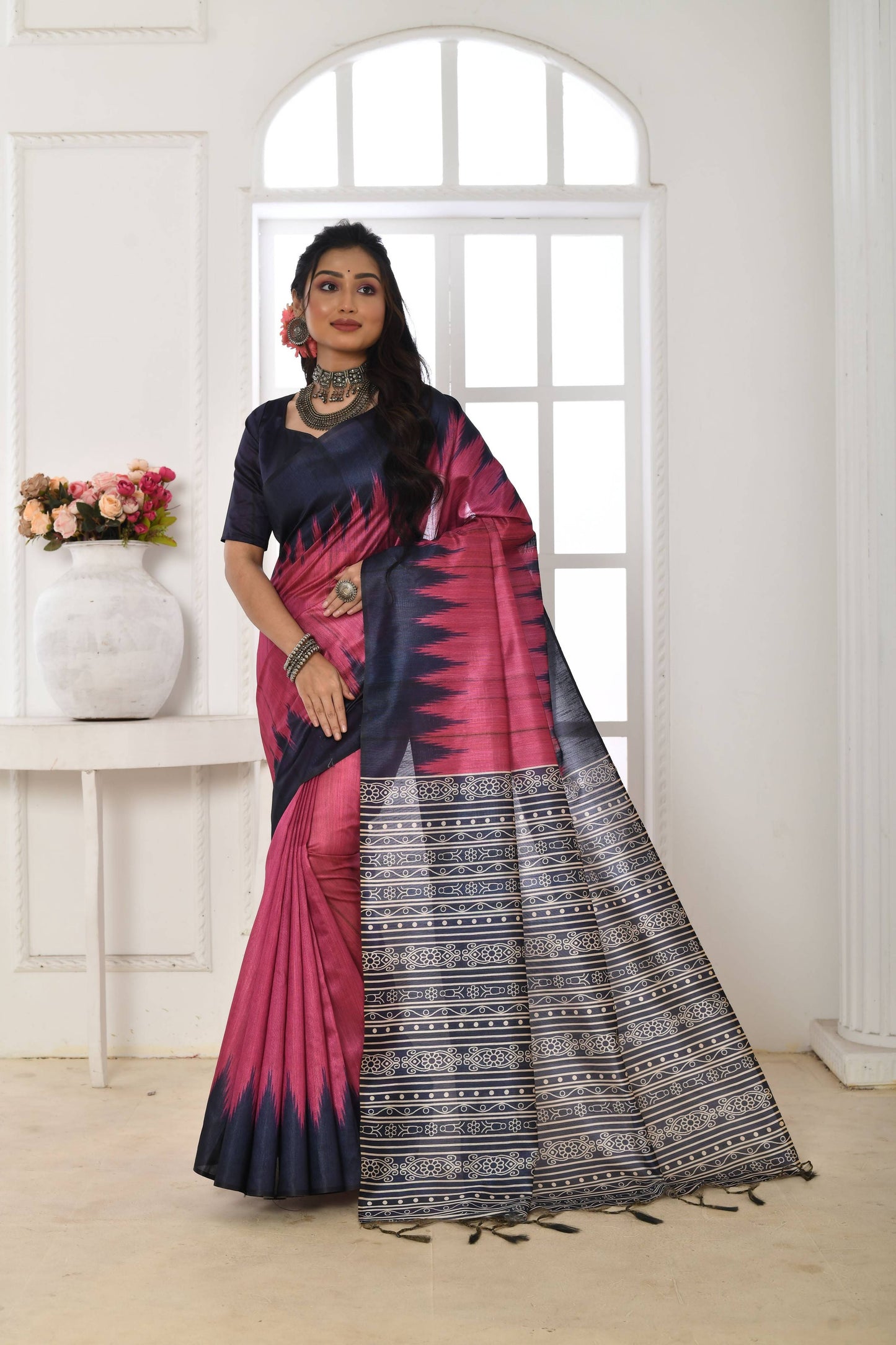 Jyoti Fashion Women's Pink Soft Tussar Silk Printed Temple Border Traditional Saree with Blouse | Swadesiicart