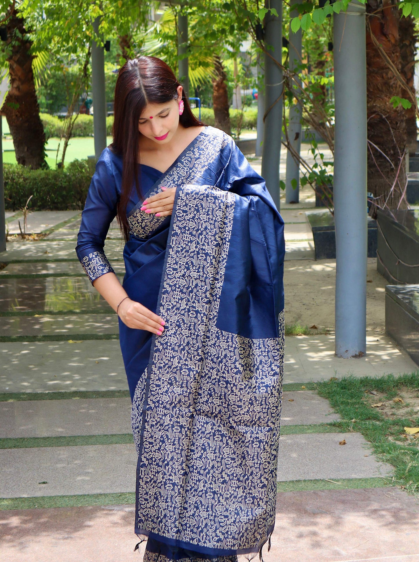 Jyoti Fashion Women's Blue Handloom Raw Silk Printed Border Traditional Saree with Blouse | Swadesiicart