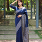 Jyoti Fashion Women's Blue Handloom Raw Silk Printed Border Traditional Saree with Blouse | Swadesiicart