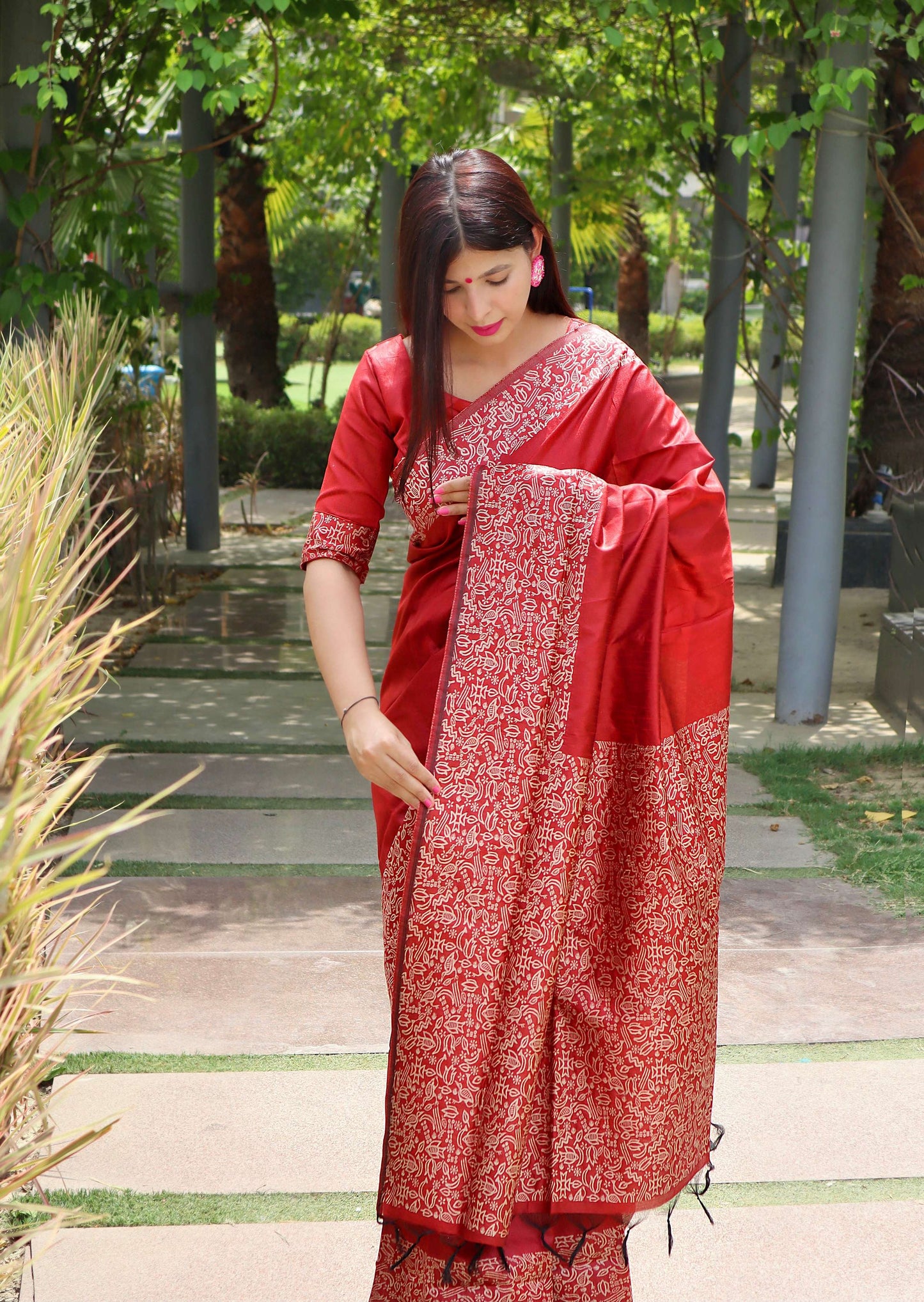 Jyoti Fashion Women's Red Handloom Raw Silk Printed Border Traditional Saree with Blouse | Swadesiicart