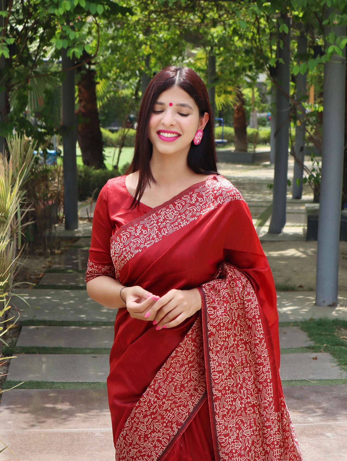 Jyoti Fashion Women's Red Handloom Raw Silk Printed Border Traditional Saree with Blouse | Swadesiicart