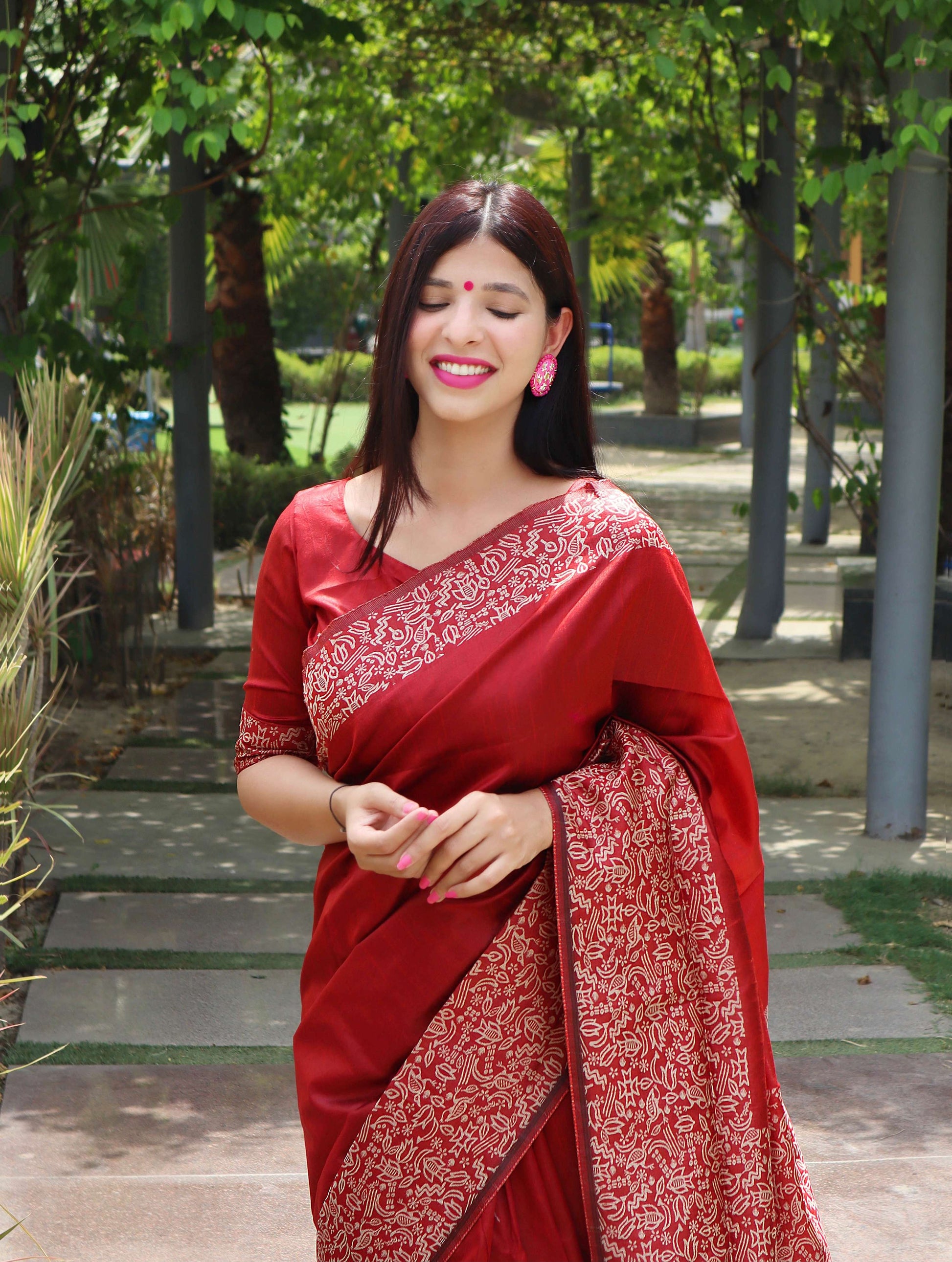 Jyoti Fashion Women's Red Handloom Raw Silk Printed Border Traditional Saree with Blouse | Swadesiicart