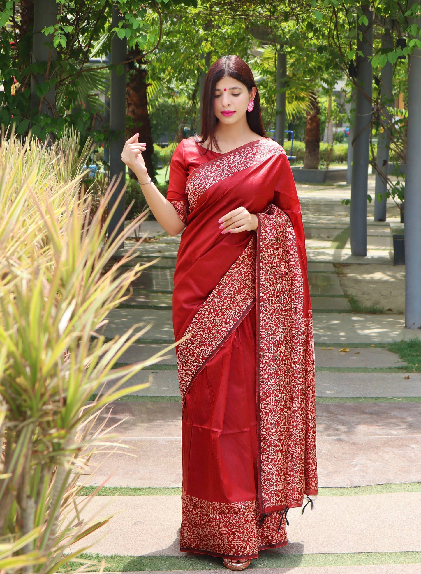 Jyoti Fashion Women's Red Handloom Raw Silk Printed Border Traditional Saree with Blouse | Swadesiicart