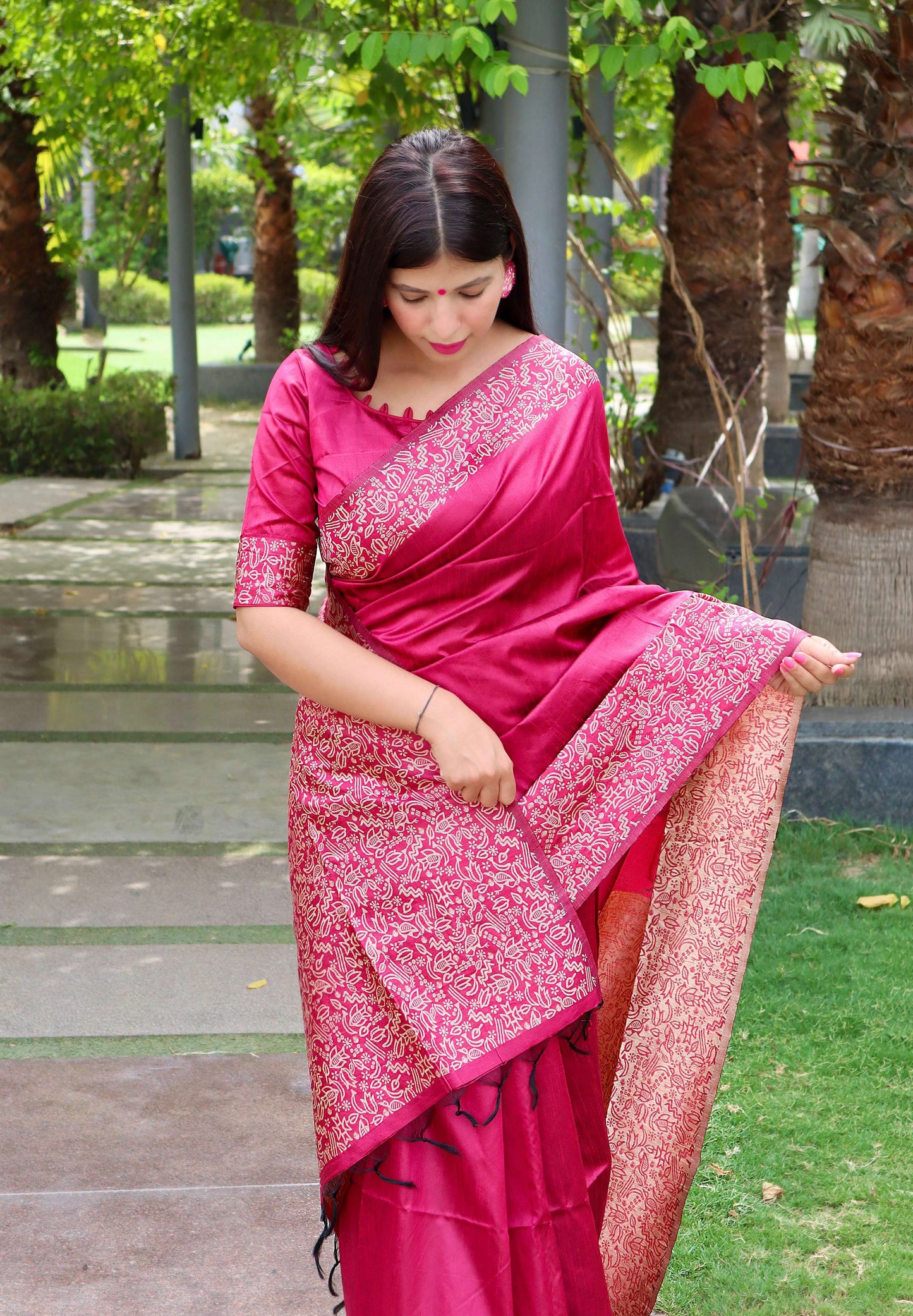 Jyoti Fashion Women's Pink Handloom Raw Silk Printed Border Traditional Saree with Blouse | Swadesiicart
