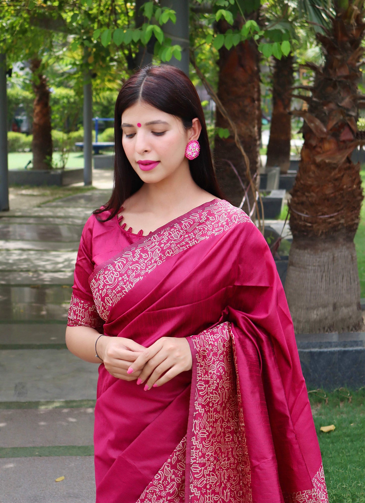 Jyoti Fashion Women's Pink Handloom Raw Silk Printed Border Traditional Saree with Blouse | Swadesiicart