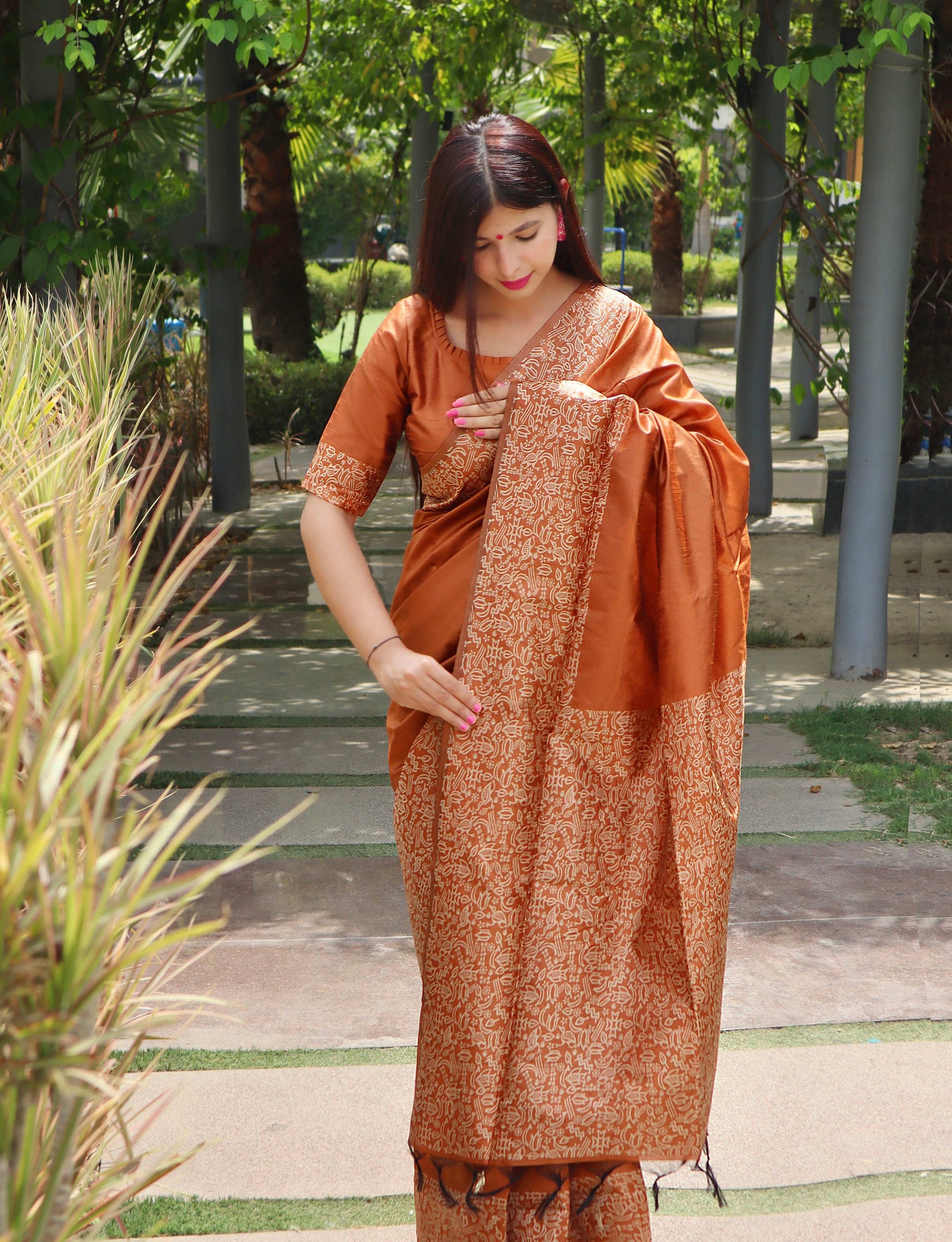 Jyoti Fashion Women's Orange Handloom Raw Silk Printed Border Traditional Saree with Blouse | Swadesiicart
