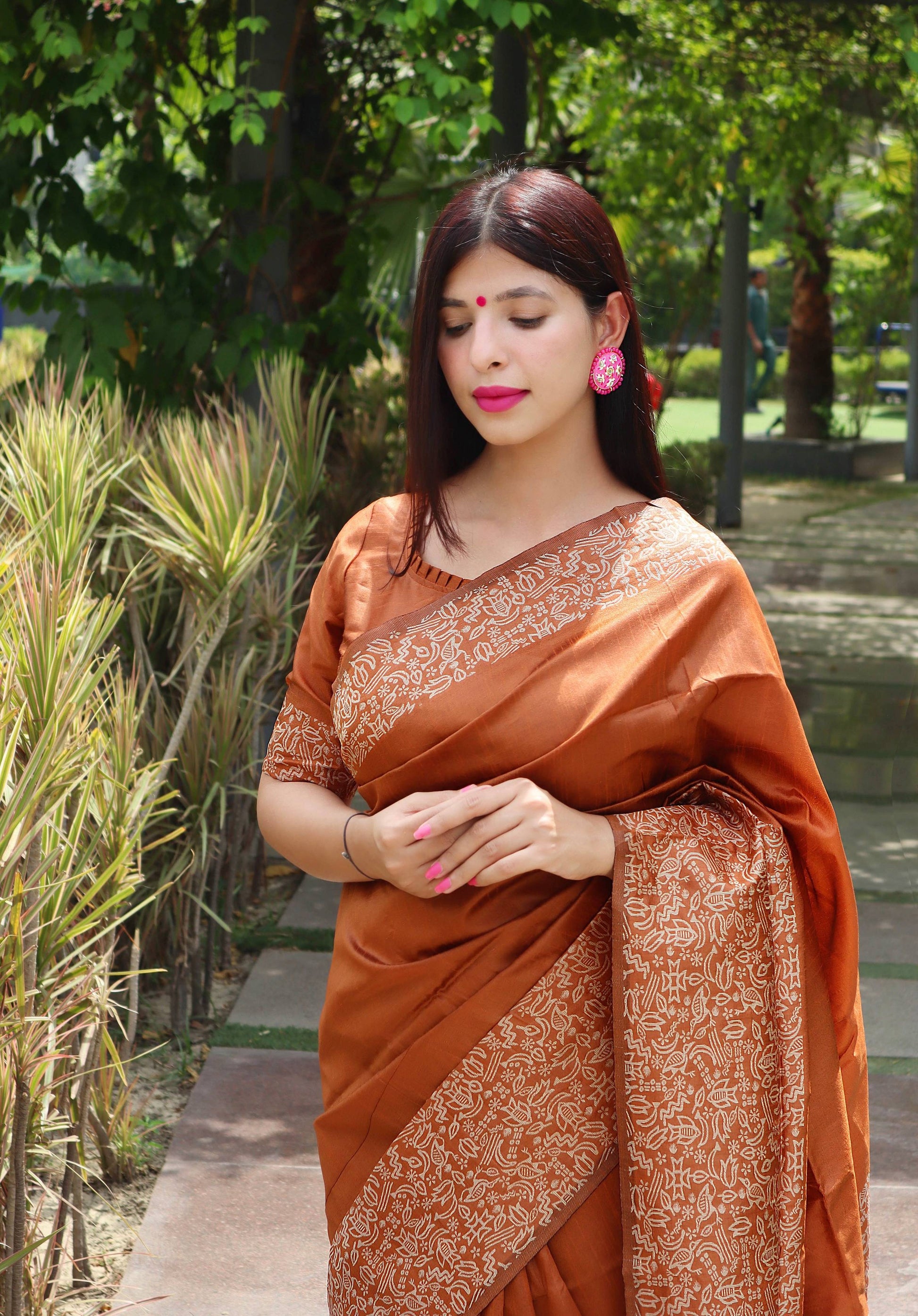 Jyoti Fashion Women's Orange Handloom Raw Silk Printed Border Traditional Saree with Blouse | Swadesiicart