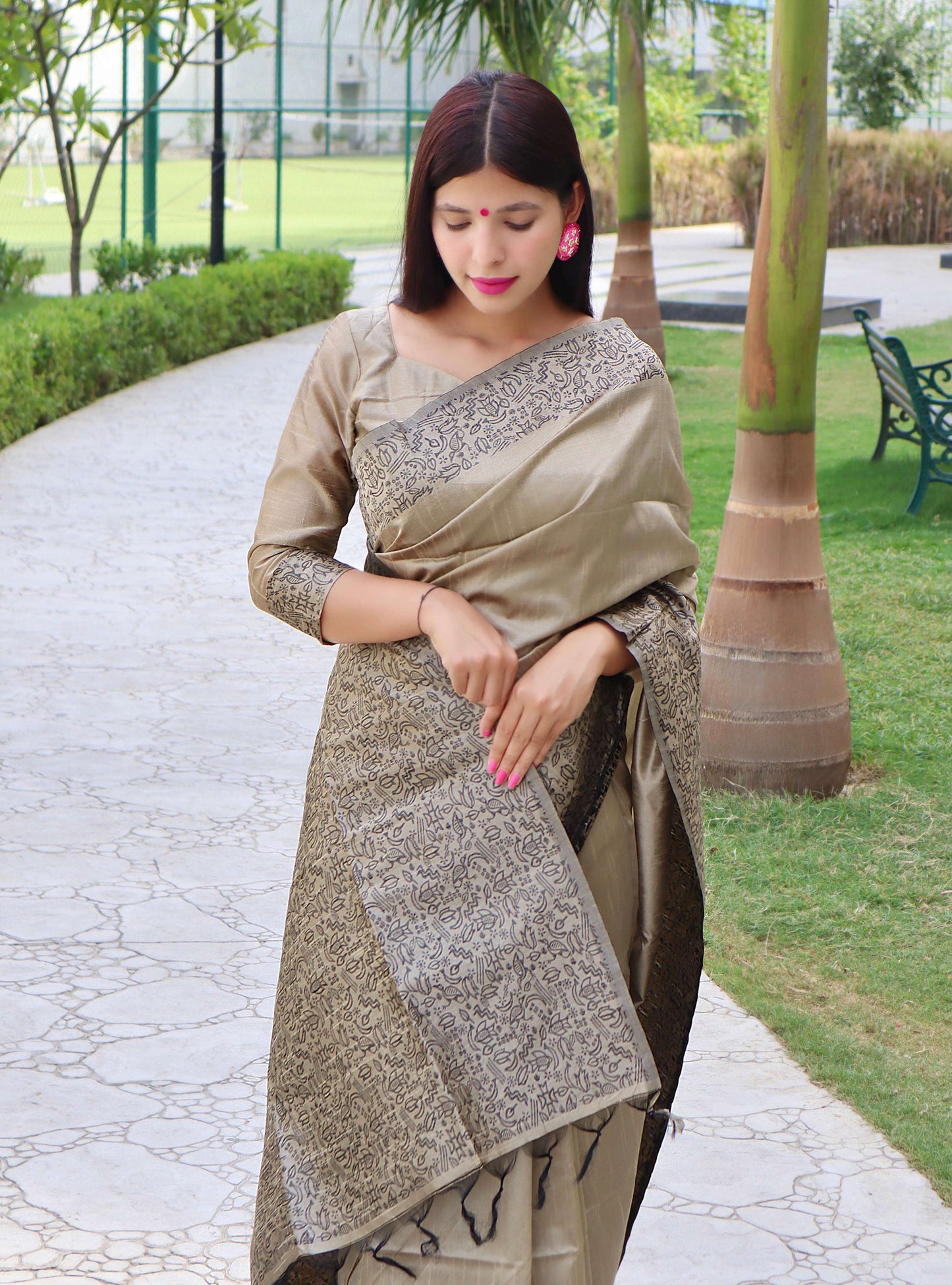 Jyoti Fashion Women's Cream Handloom Raw Silk Printed Border Traditional Saree with Blouse | Swadesiicart
