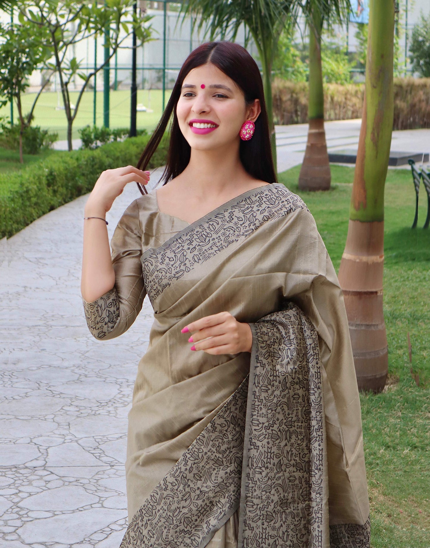 Jyoti Fashion Women's Cream Handloom Raw Silk Printed Border Traditional Saree with Blouse | Swadesiicart