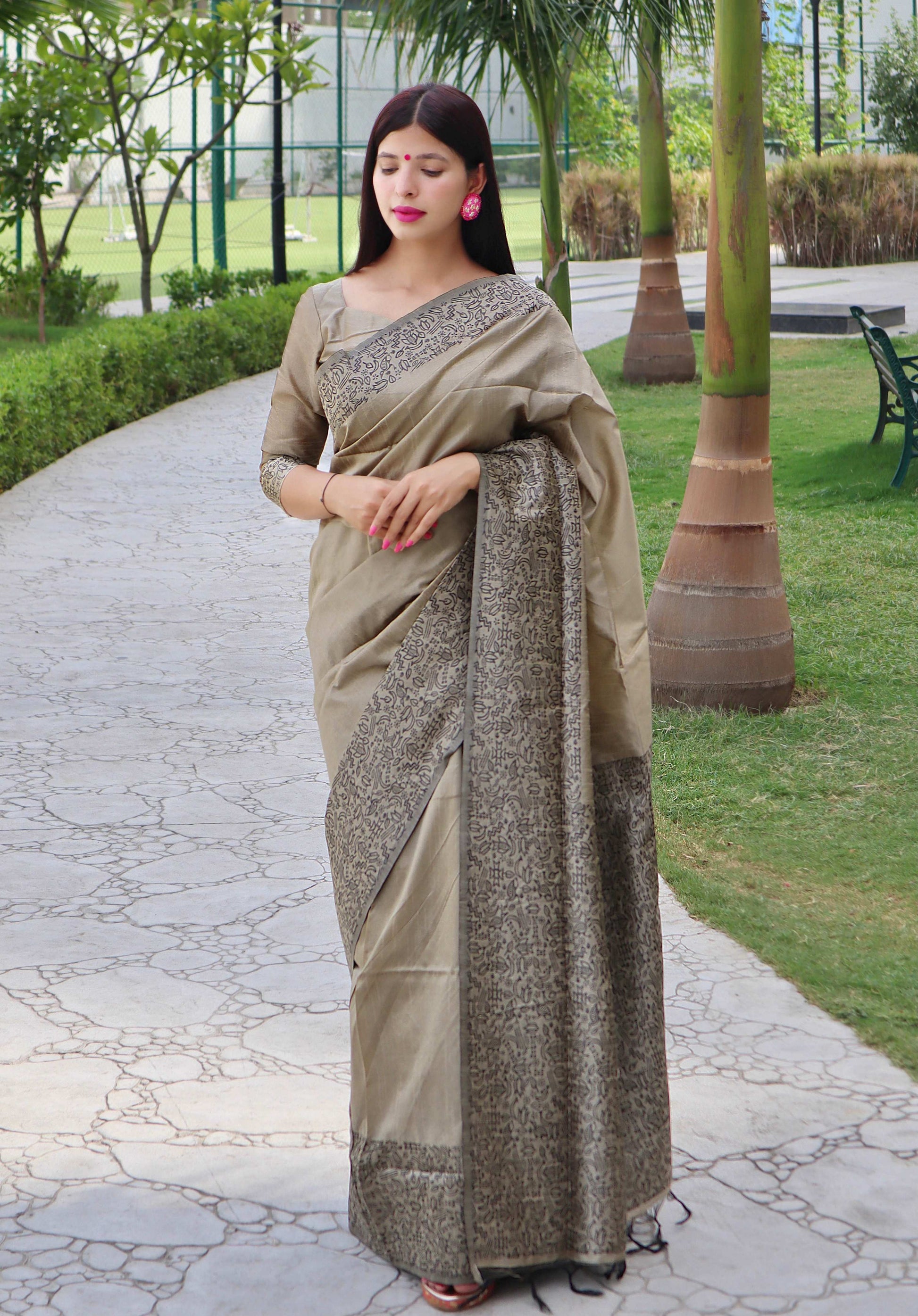 Jyoti Fashion Women's Cream Handloom Raw Silk Printed Border Traditional Saree with Blouse | Swadesiicart