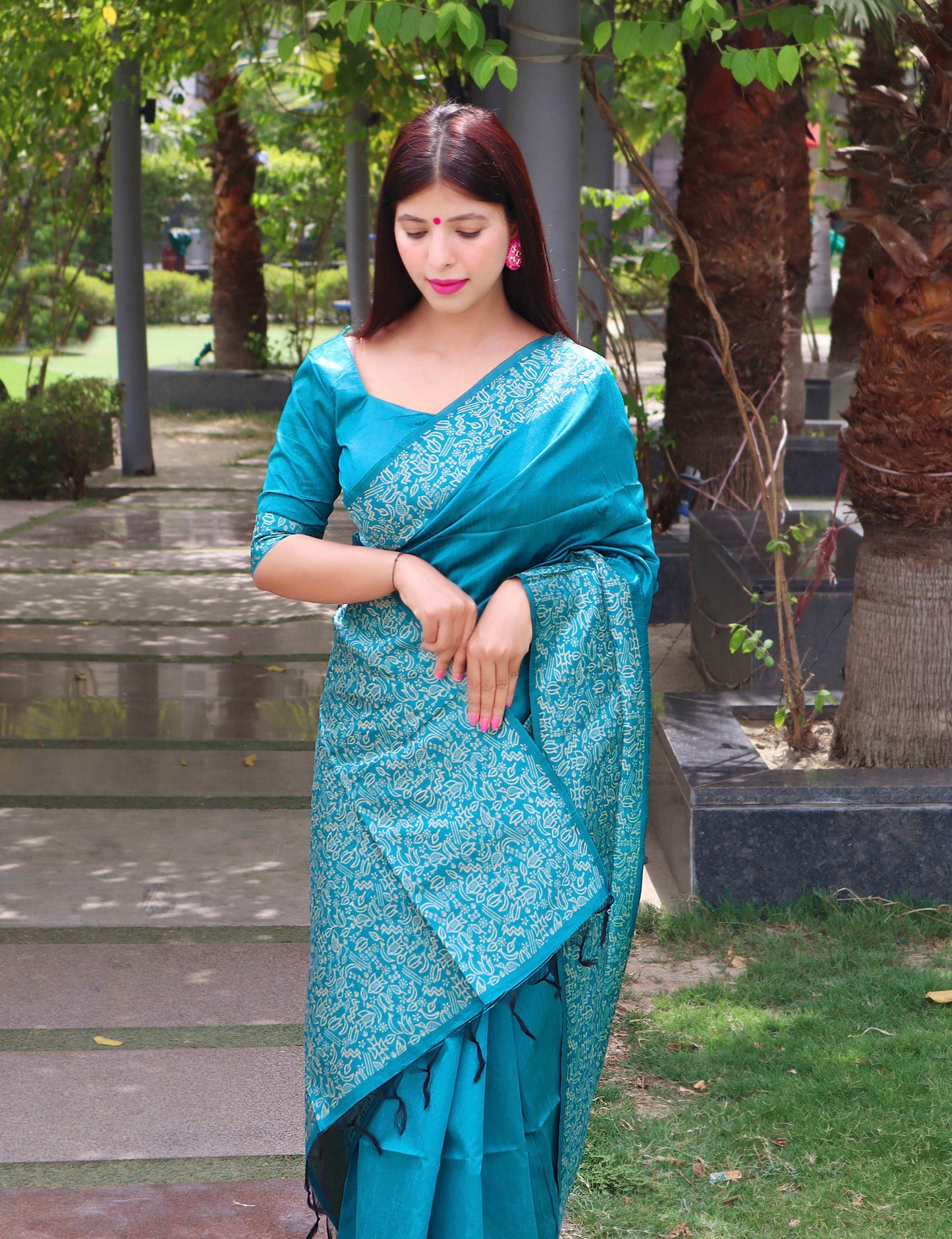 Jyoti Fashion Women's Firozi Handloom Raw Silk Printed Border Traditional Saree with Blouse | Swadesiicart