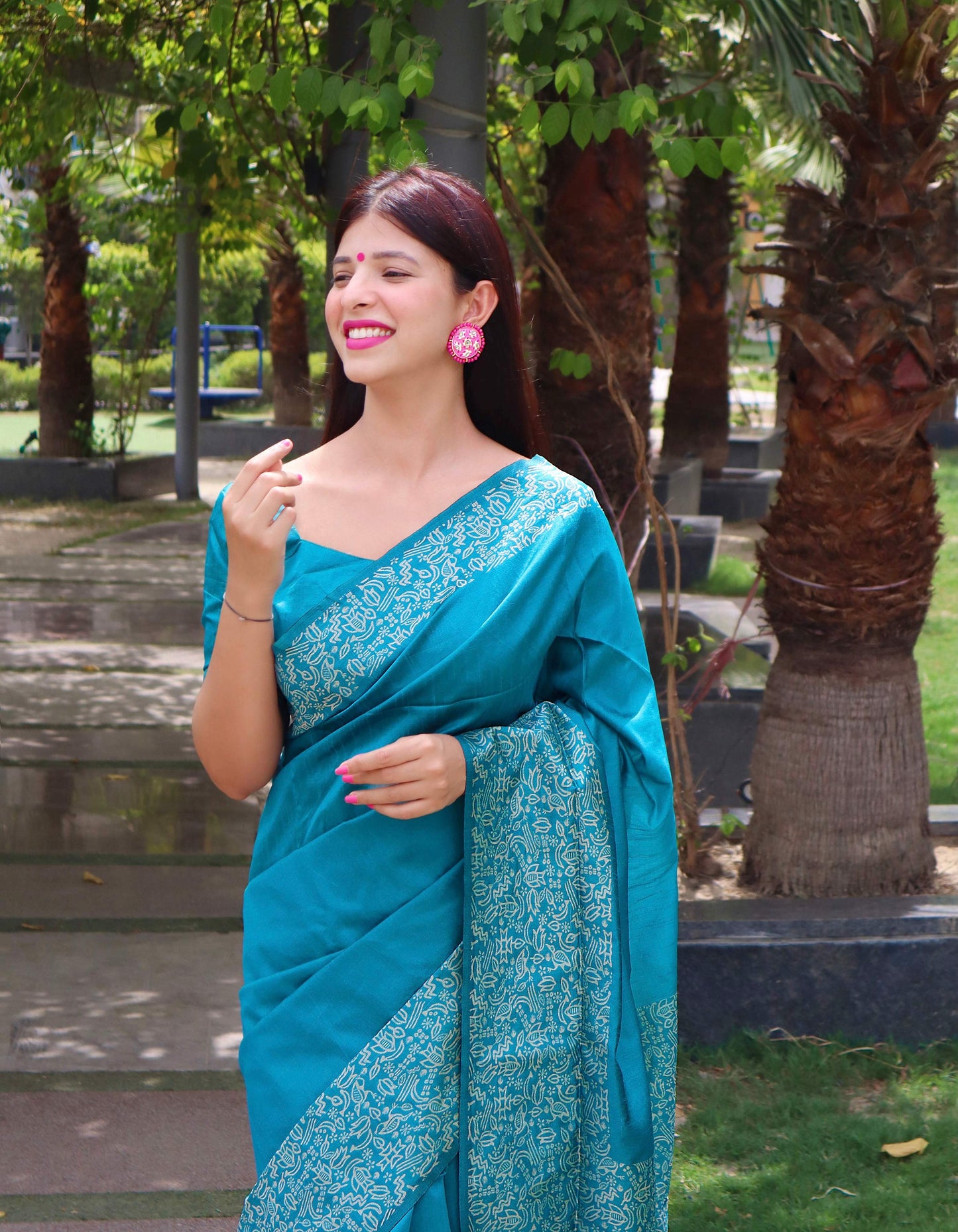 Jyoti Fashion Women's Firozi Handloom Raw Silk Printed Border Traditional Saree with Blouse | Swadesiicart