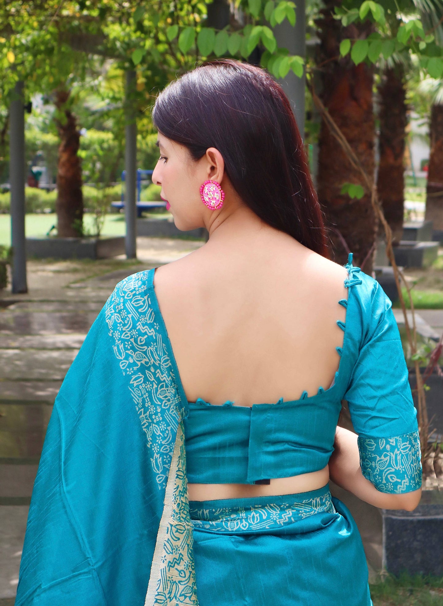 Jyoti Fashion Women's Firozi Handloom Raw Silk Printed Border Traditional Saree with Blouse | Swadesiicart