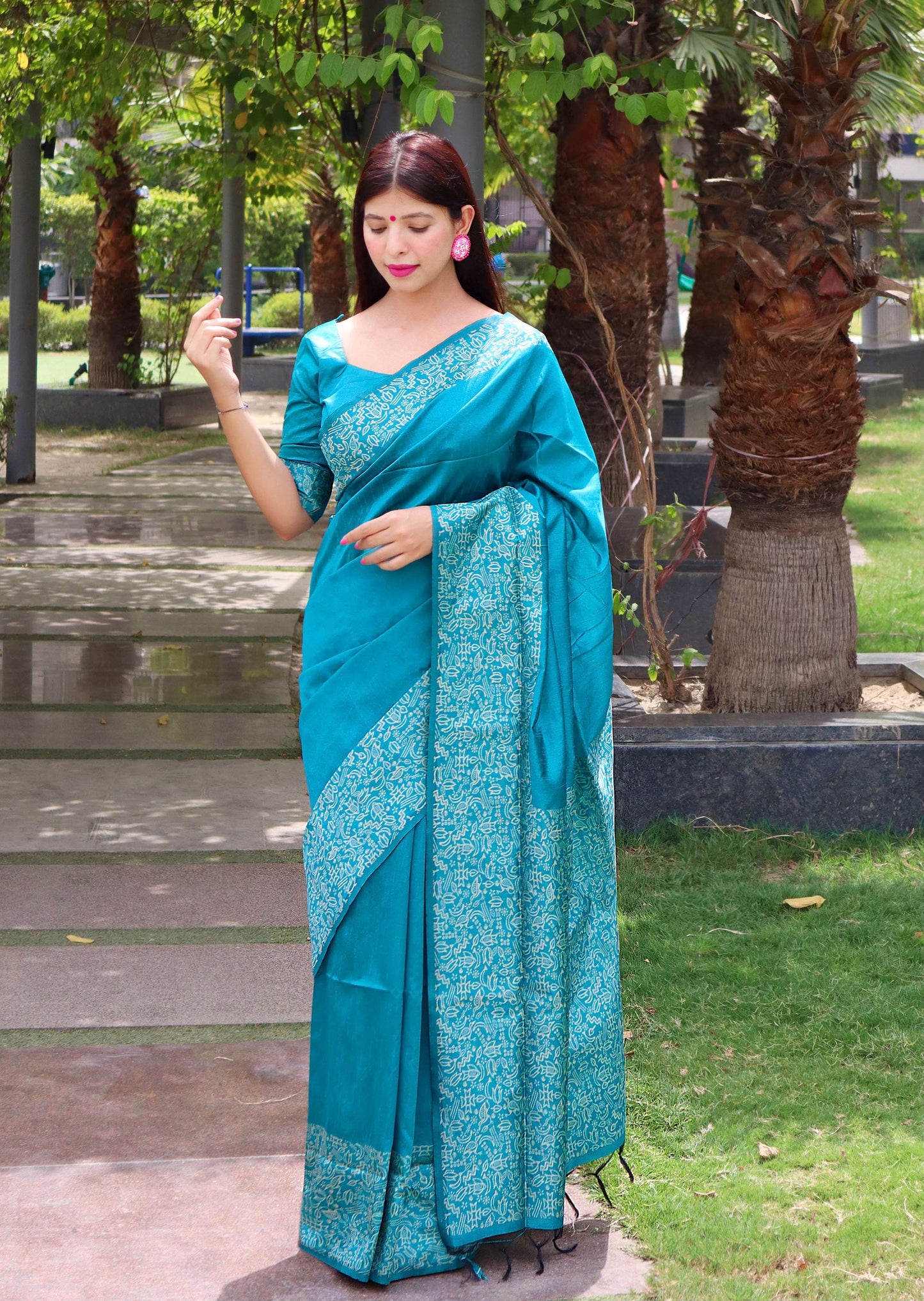 Jyoti Fashion Women's Firozi Handloom Raw Silk Printed Border Traditional Saree with Blouse | Swadesiicart