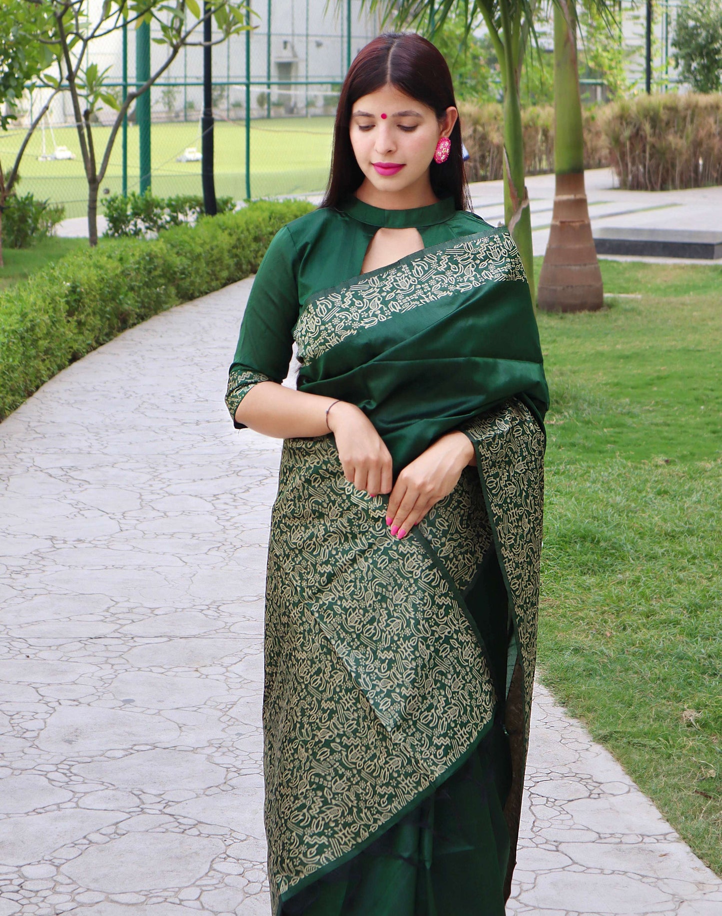 Jyoti Fashion Women's Green Handloom Raw Silk Printed Border Traditional Saree with Blouse | Swadesiicart