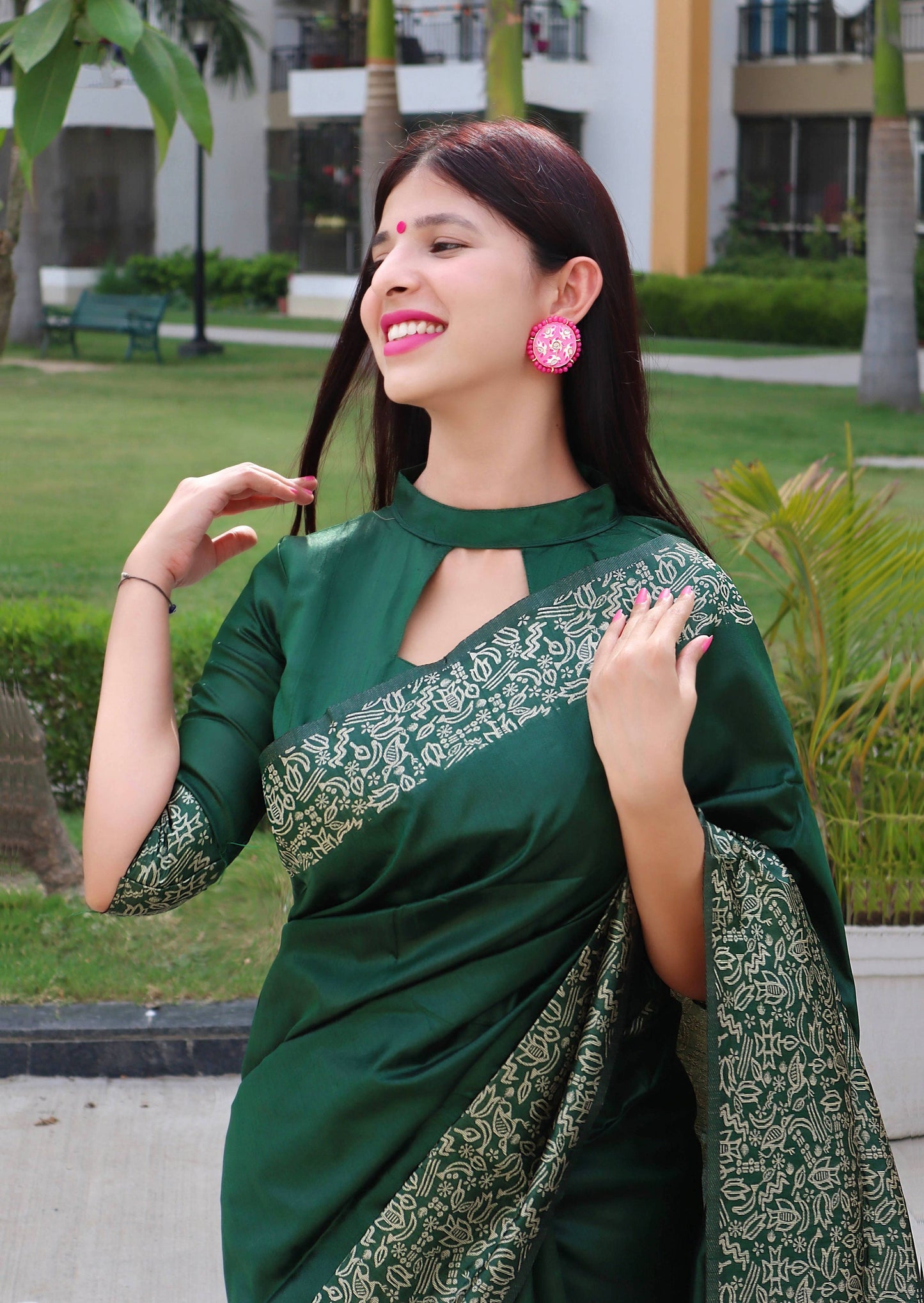 Jyoti Fashion Women's Green Handloom Raw Silk Printed Border Traditional Saree with Blouse | Swadesiicart