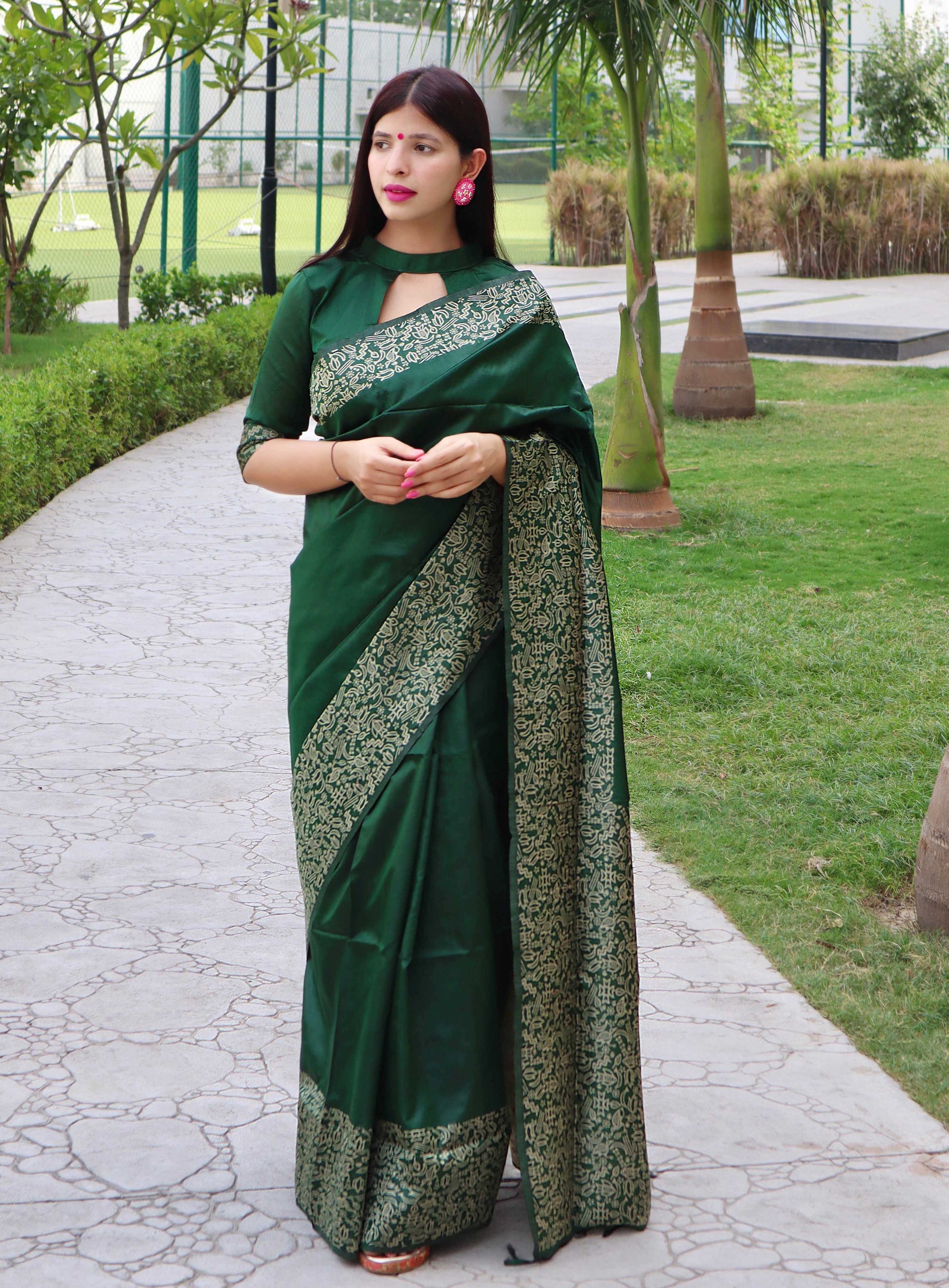 Jyoti Fashion Women's Green Handloom Raw Silk Printed Border Traditional Saree with Blouse | Swadesiicart