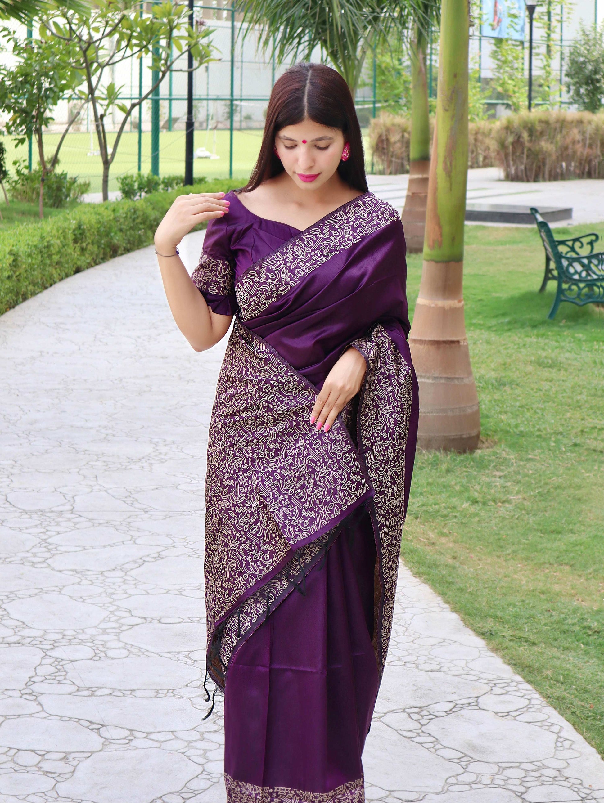 Jyoti Fashion Women's Purple Handloom Raw Silk Printed Border Traditional Saree with Blouse | Swadesiicart