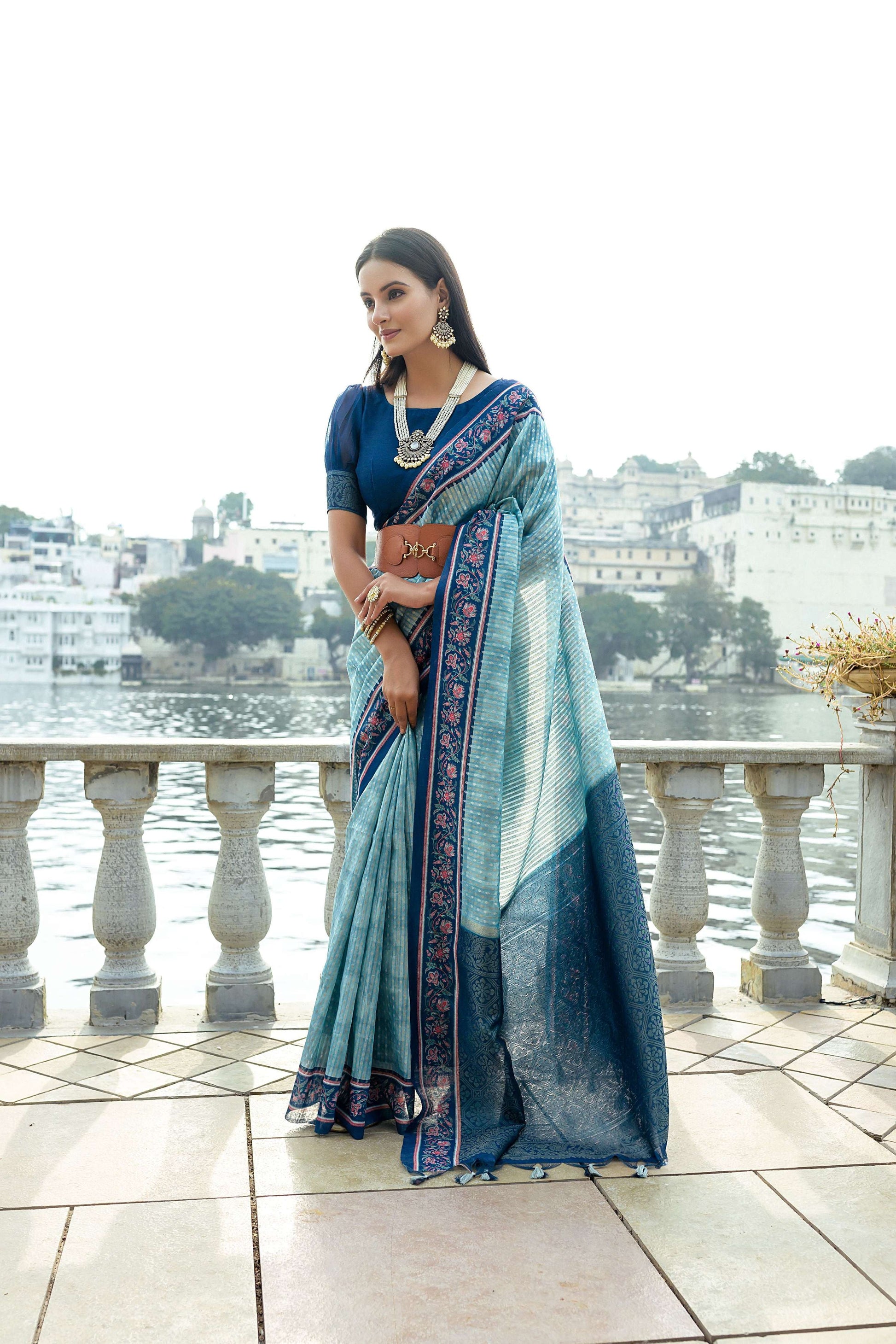Jyoti Fashion Women's Firozi Soft Silk Zari Woven Traditional Saree with Blouse | Swadesiicart