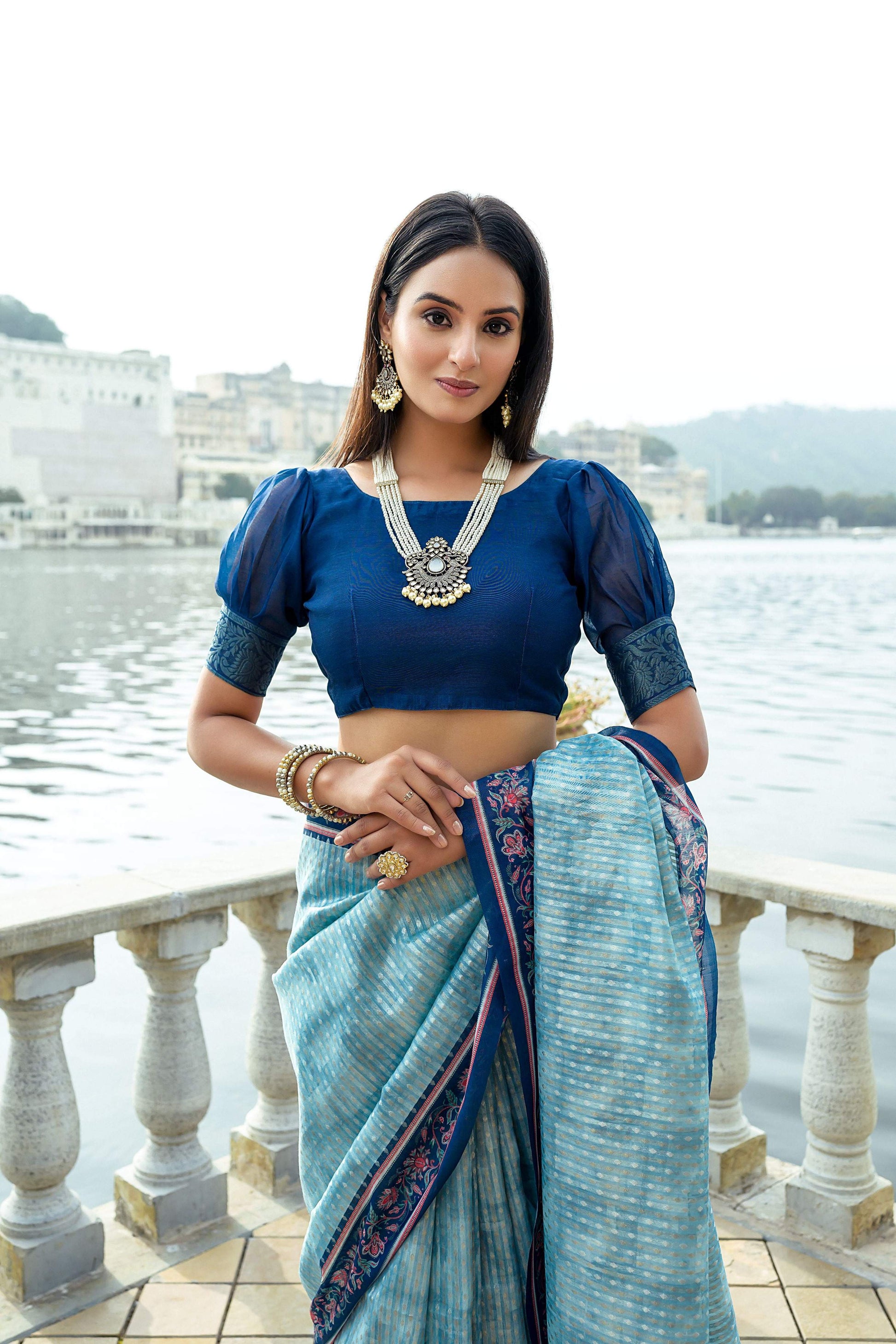 Jyoti Fashion Women's Firozi Soft Silk Zari Woven Traditional Saree with Blouse | Swadesiicart
