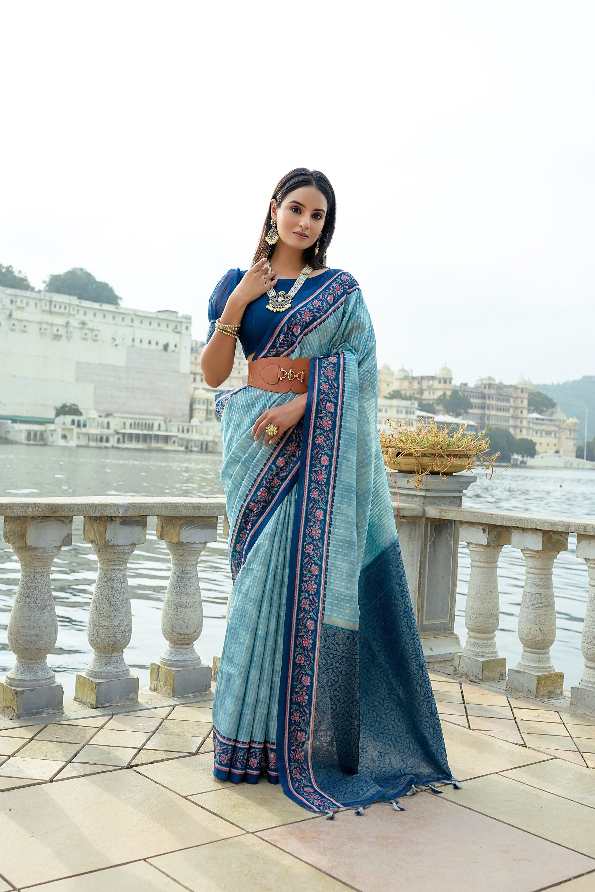 Jyoti Fashion Women's Firozi Soft Silk Zari Woven Traditional Saree with Blouse | Swadesiicart