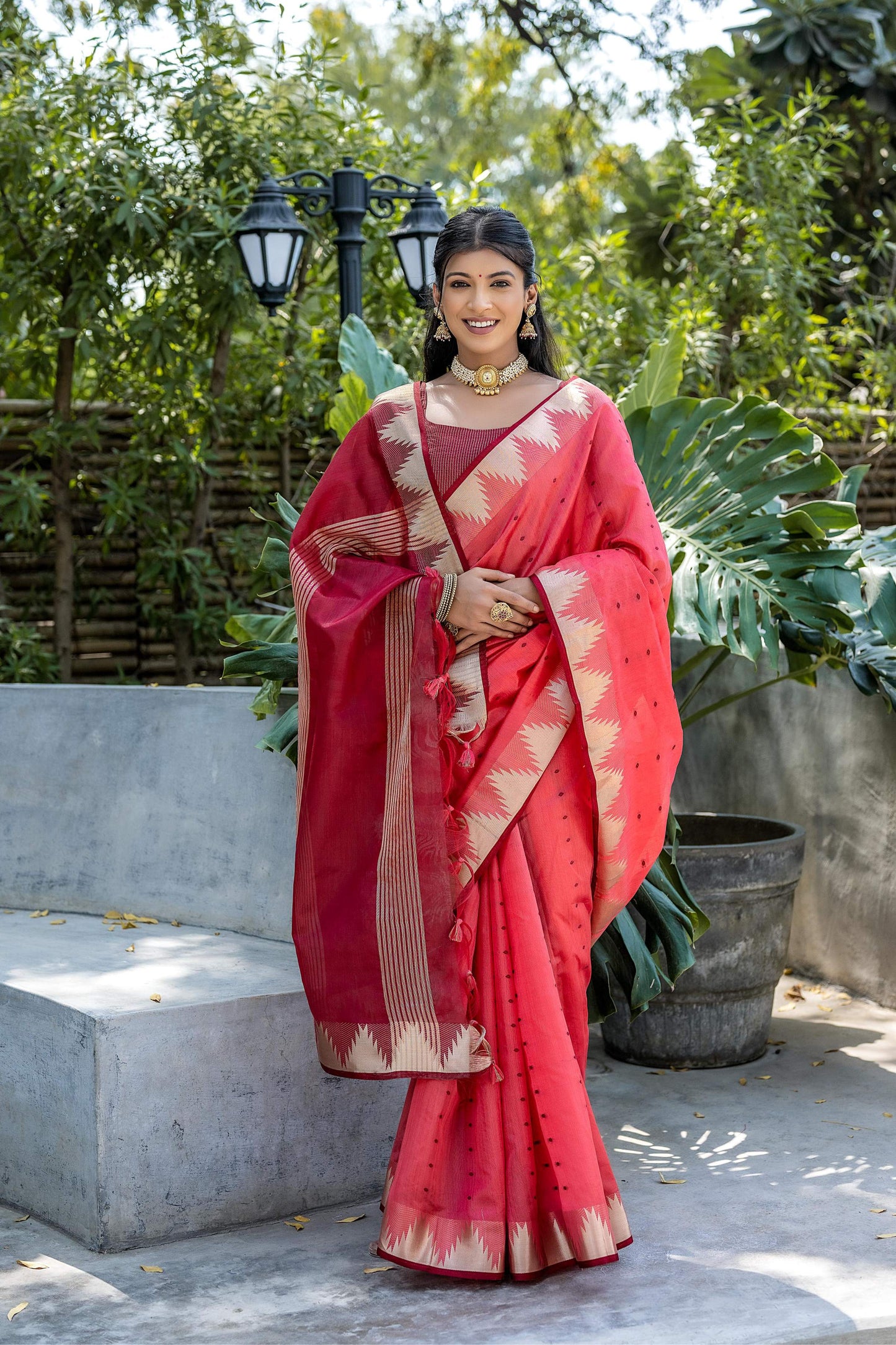 Jyoti Fashion Women's Coral Tussar Silk Temple Border with Zari Lining Traditional Saree with Blouse | Swadesiicart