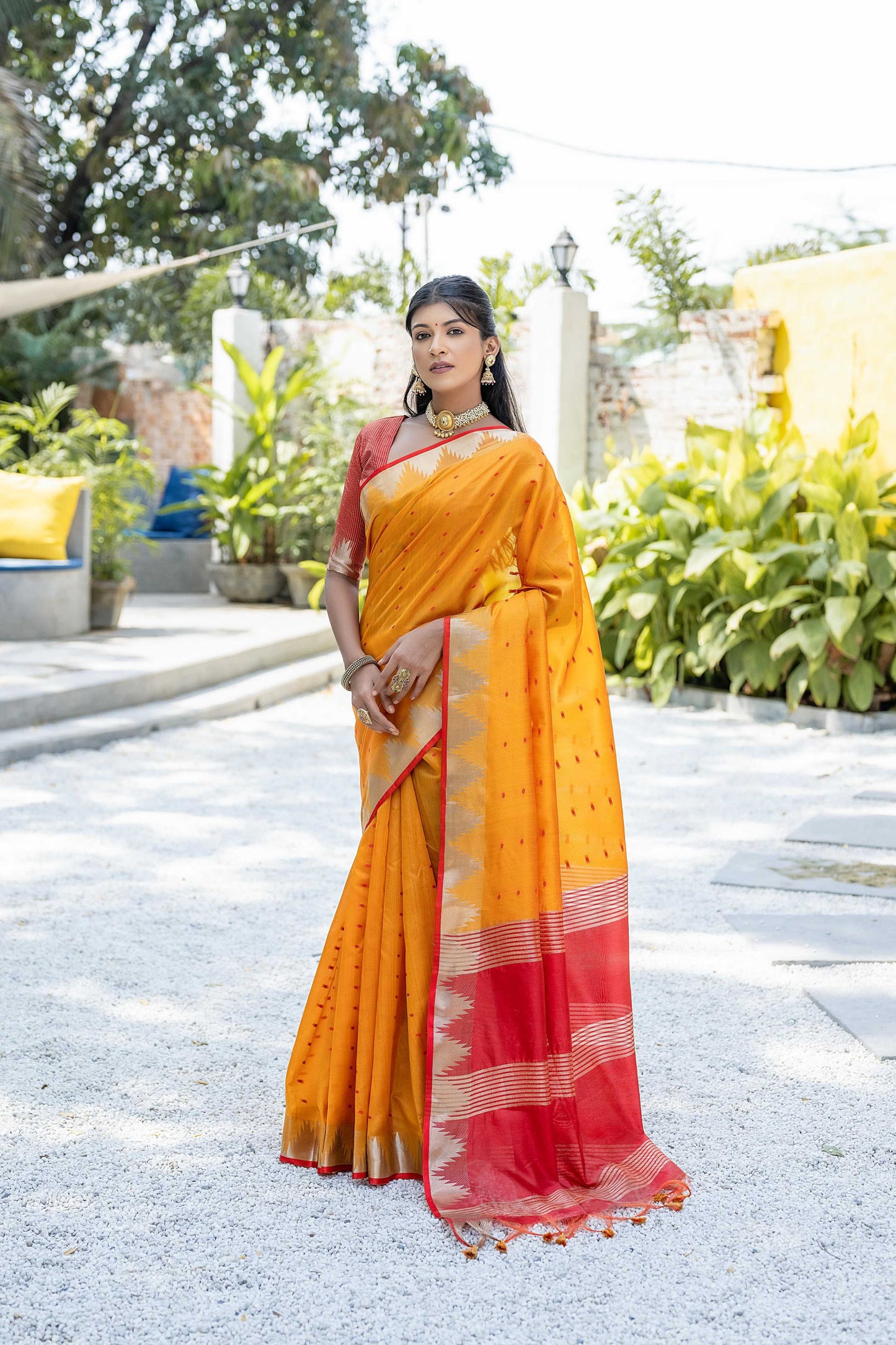 Jyoti Fashion Women's Mustard Tussar Silk Temple Border with Zari Lining Traditional Saree with Blouse | Swadesiicart