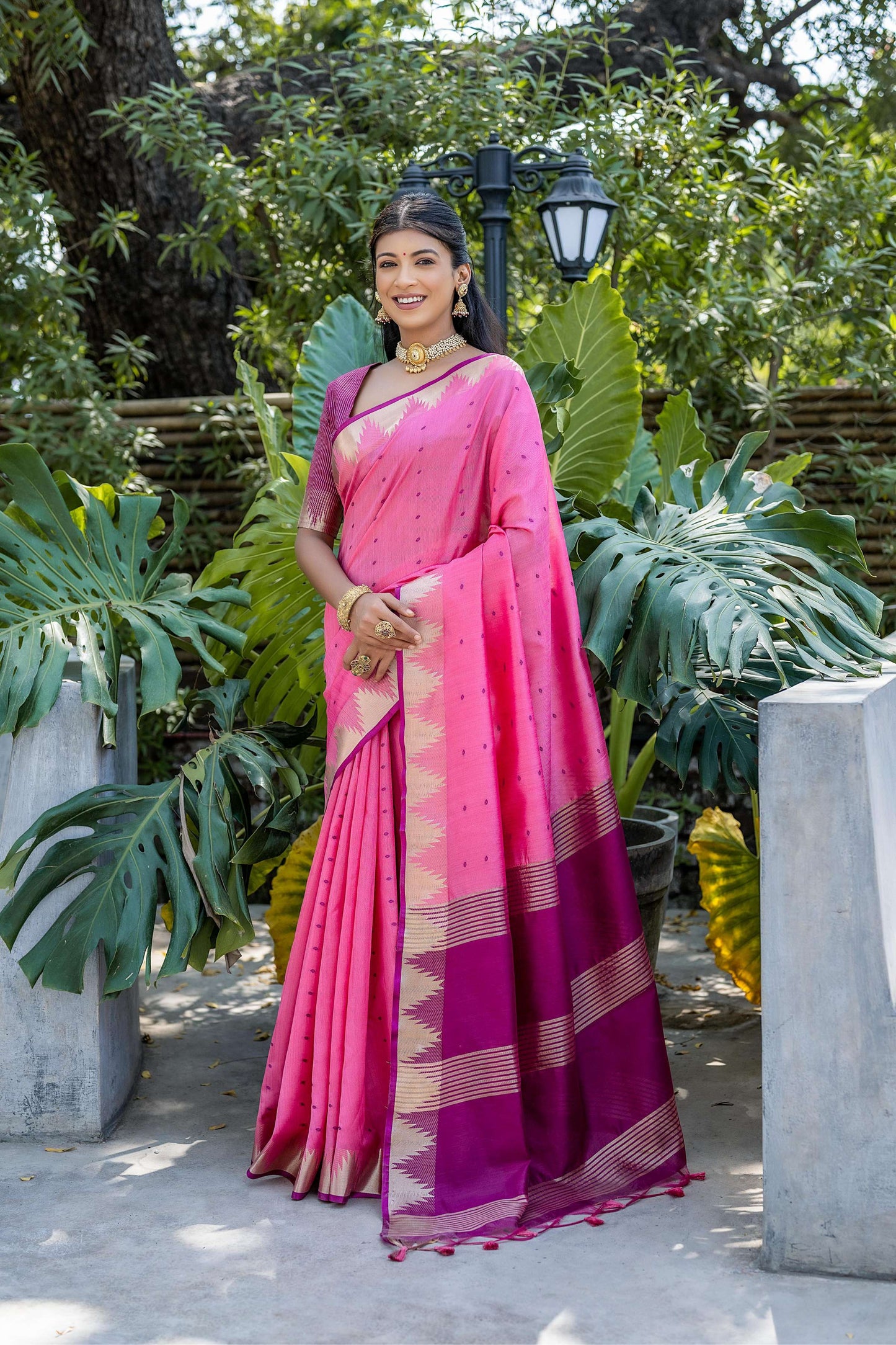 Jyoti Fashion Women's Pink Tussar Silk Temple Border with Zari Lining Traditional Saree with Blouse | Swadesiicart