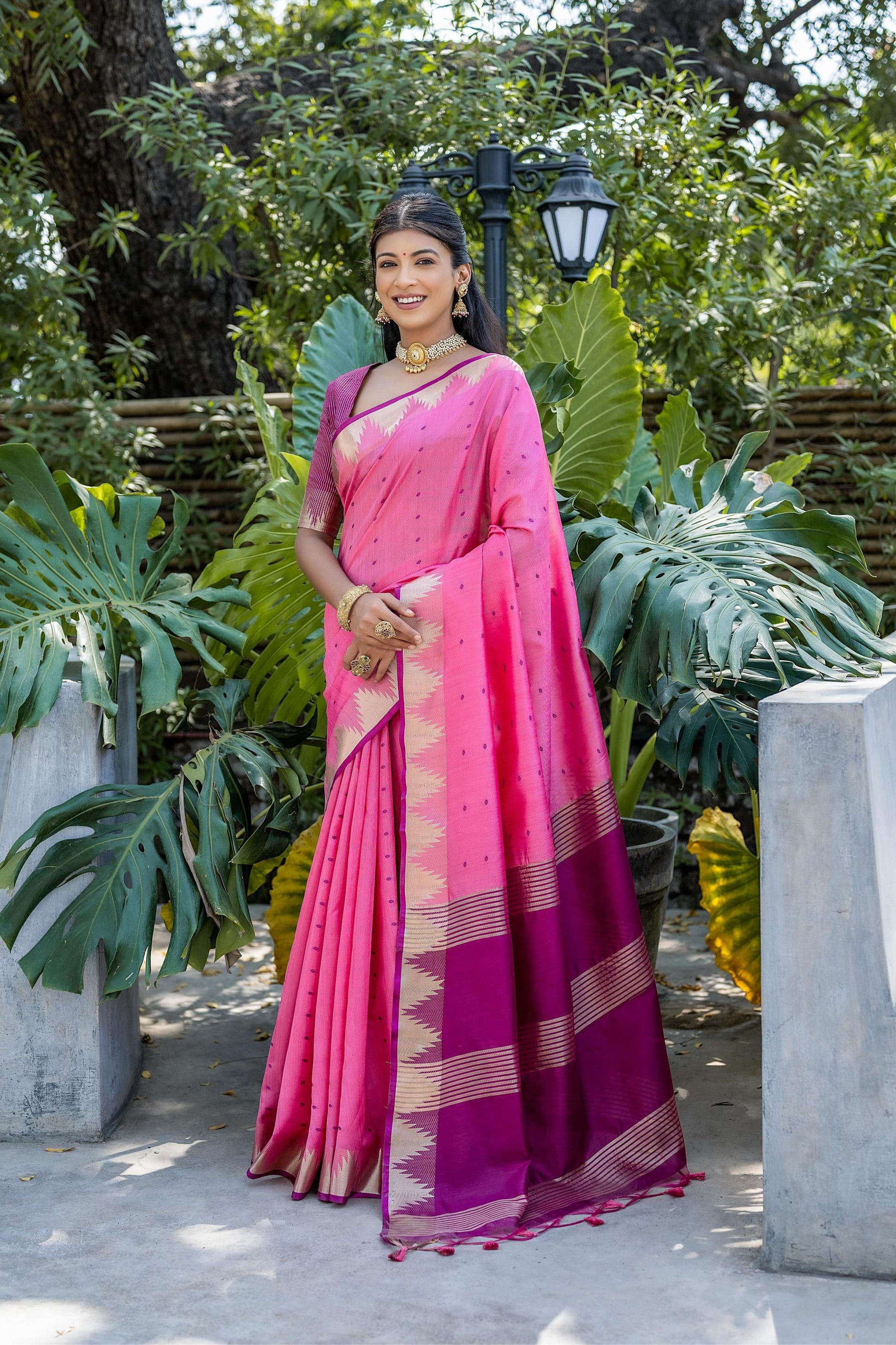 Jyoti Fashion Women's Pink Tussar Silk Temple Border with Zari Lining Traditional Saree with Blouse | Swadesiicart