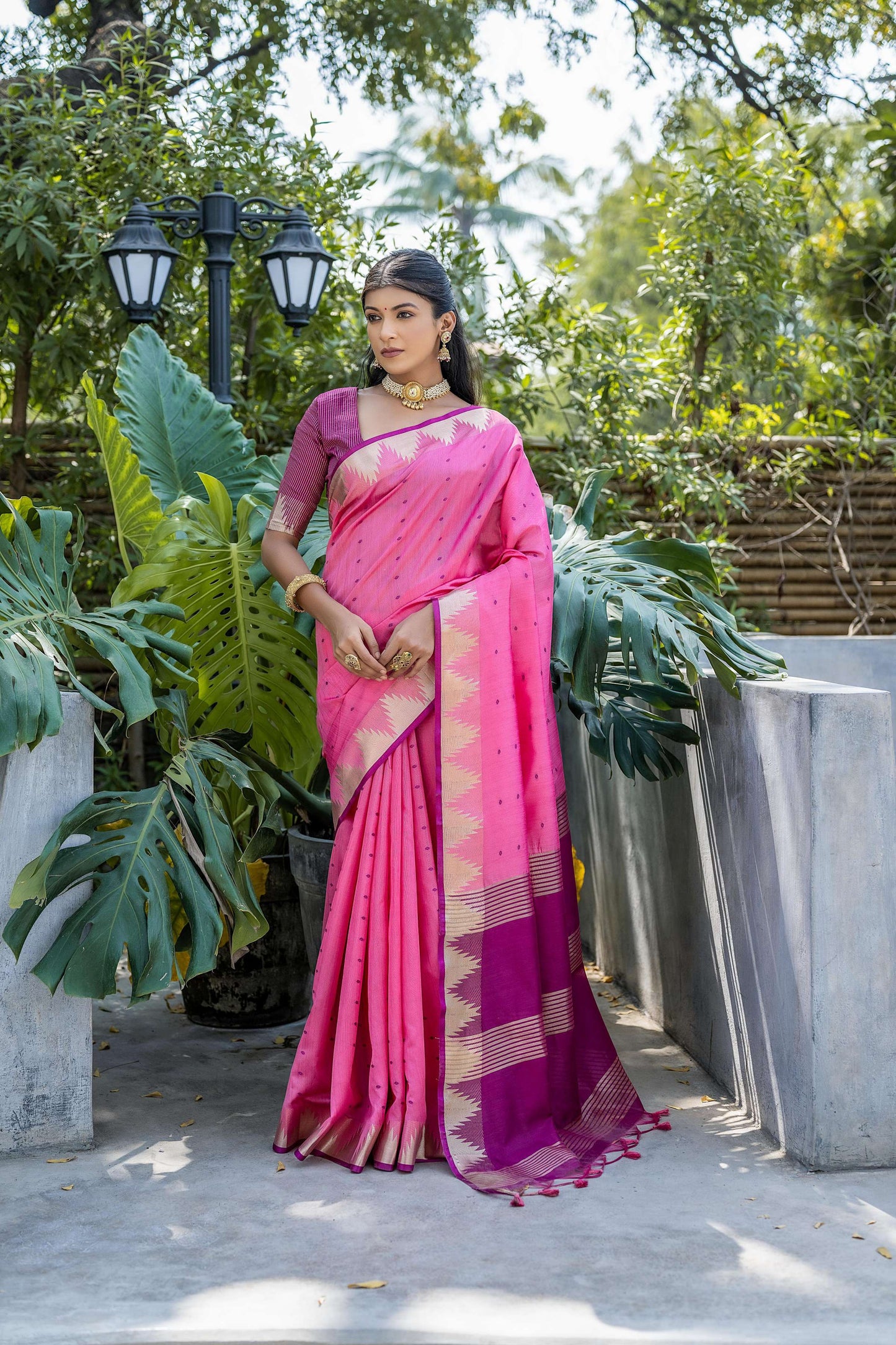 Jyoti Fashion Women's Pink Tussar Silk Temple Border with Zari Lining Traditional Saree with Blouse | Swadesiicart