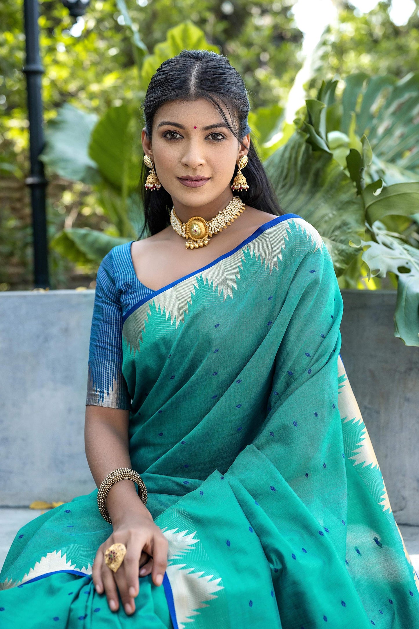Jyoti Fashion Women's Rama Tussar Silk Temple Border with Zari Lining Traditional Saree with Blouse | Swadesiicart