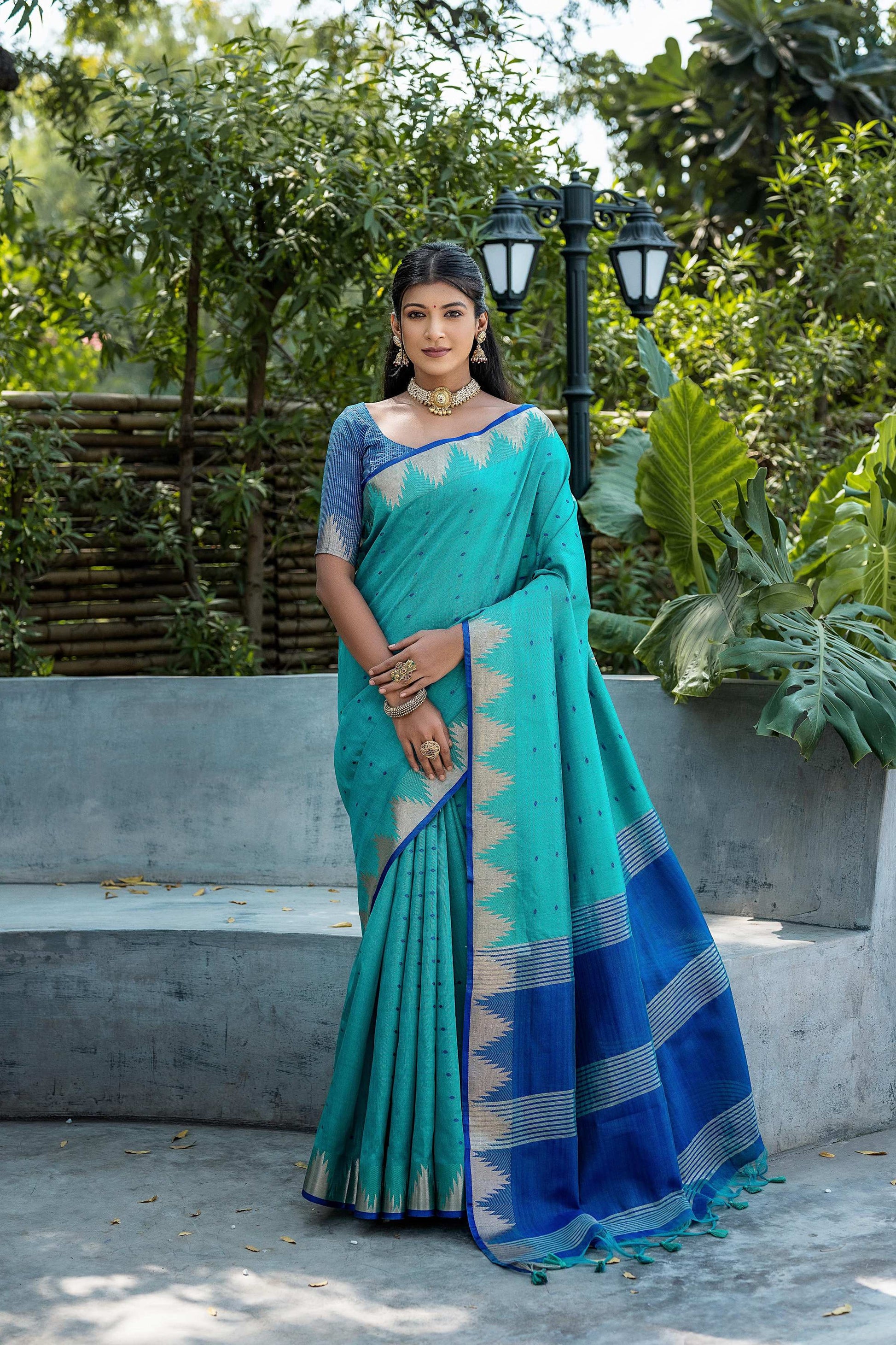 Jyoti Fashion Women's Rama Tussar Silk Temple Border with Zari Lining Traditional Saree with Blouse | Swadesiicart