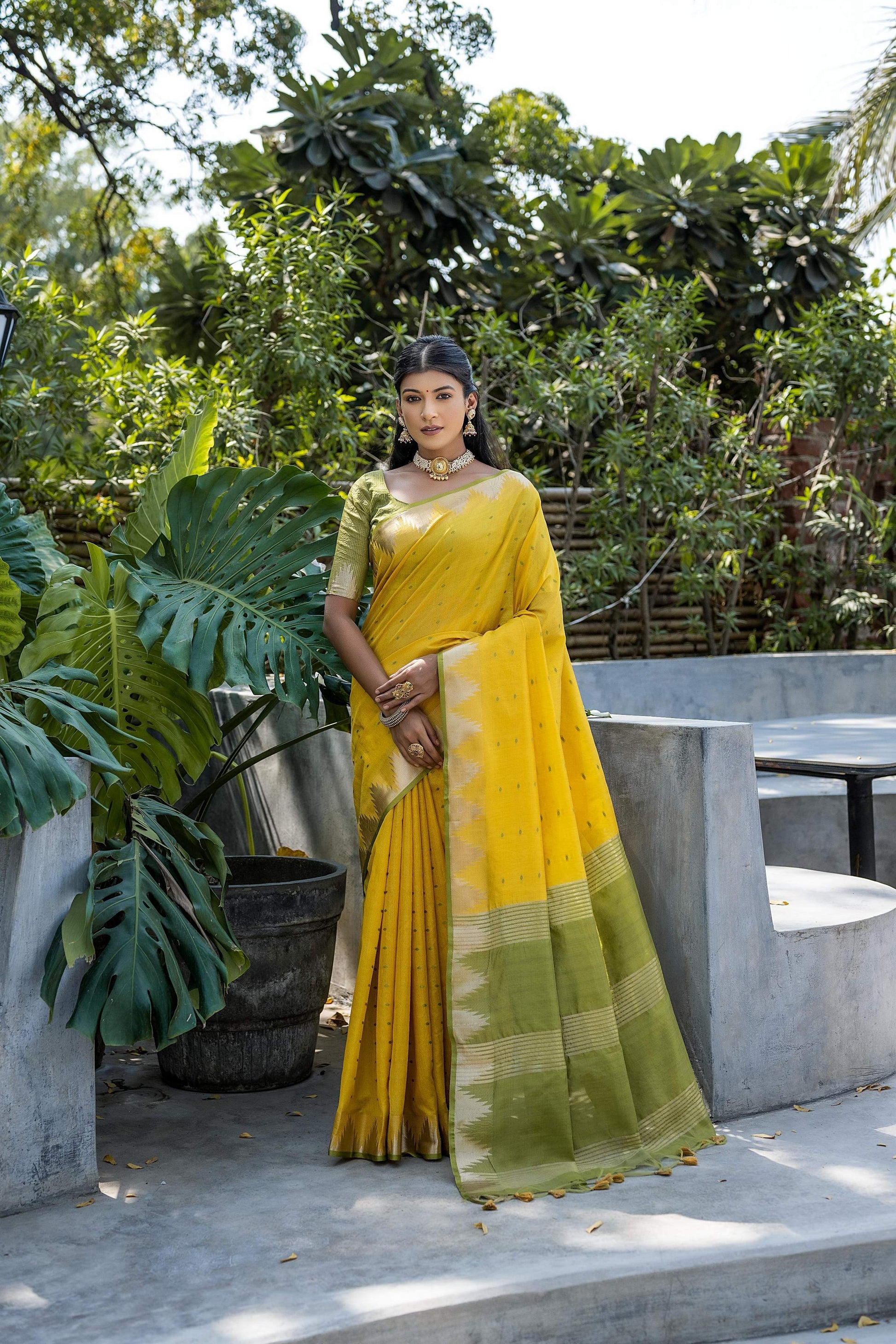 Jyoti Fashion Women's Yellow Tussar Silk Temple Border with Zari Lining Traditional Saree with Blouse | Swadesiicart