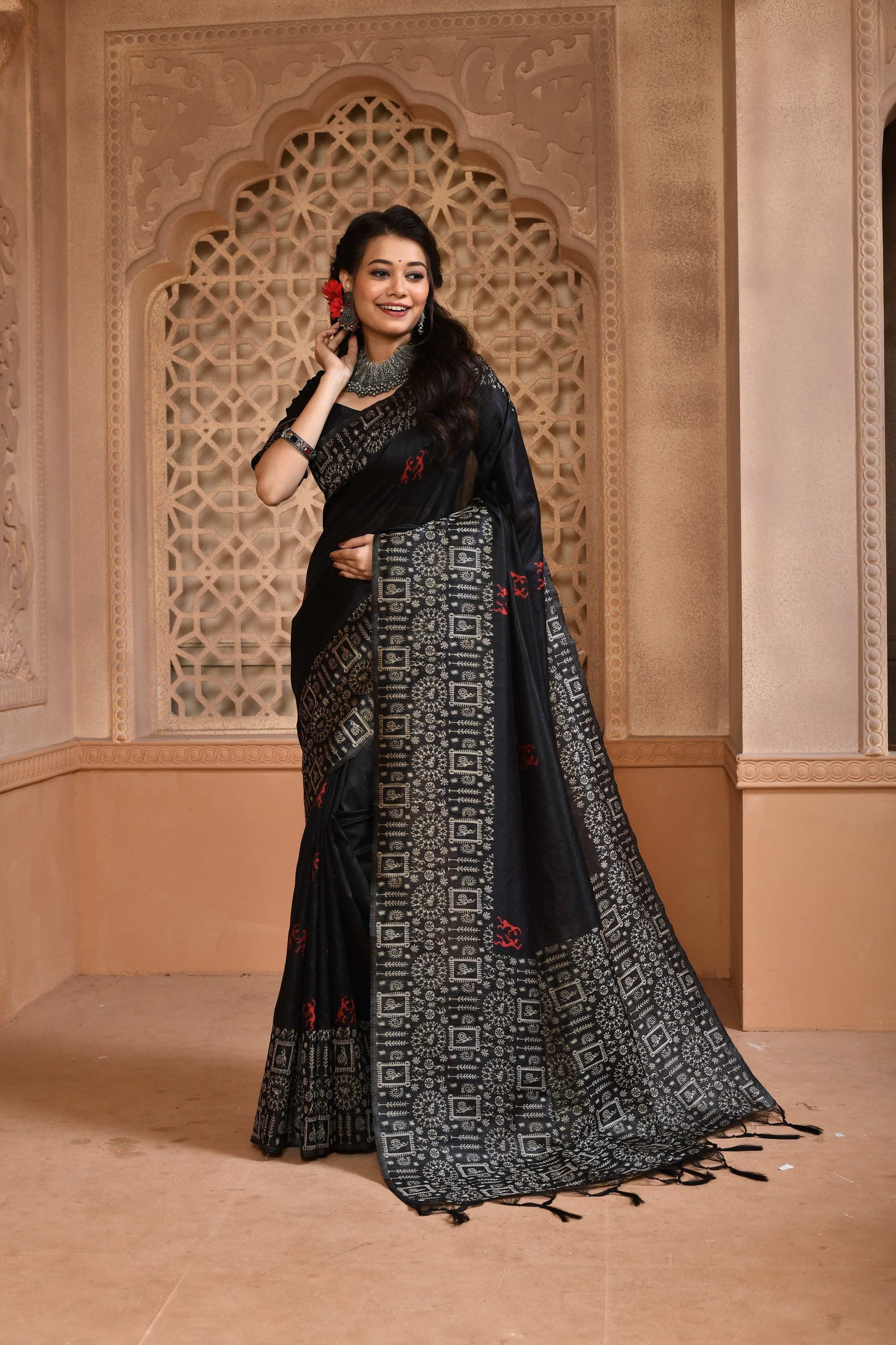 Jyoti Fashion Women's Black Handloom Raw Silk Weaving Pallu Traditional Saree with Blouse | Swadesiicart