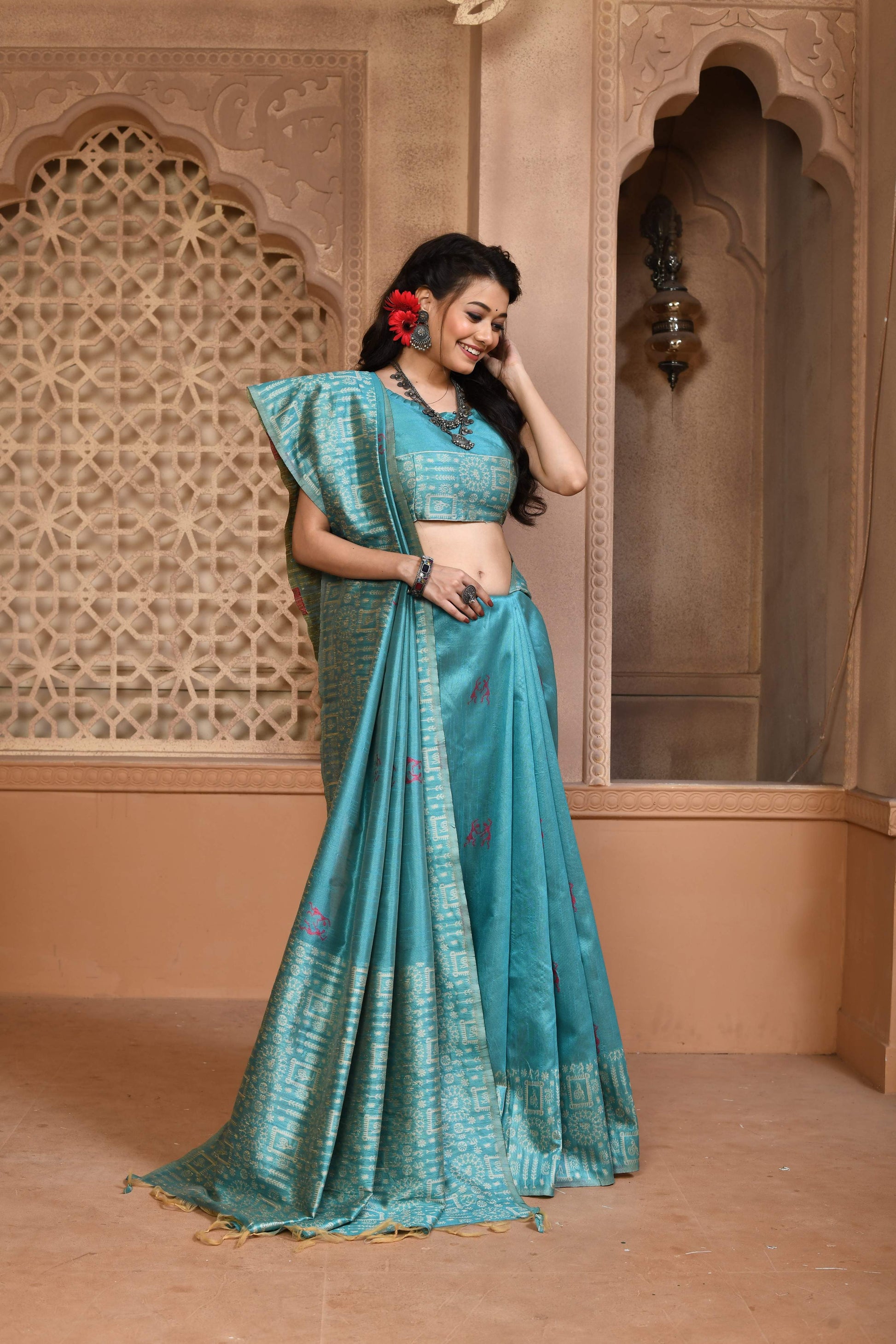Jyoti Fashion Women's Firozi Handloom Raw Silk Weaving Pallu Traditional Saree with Blouse | Swadesiicart