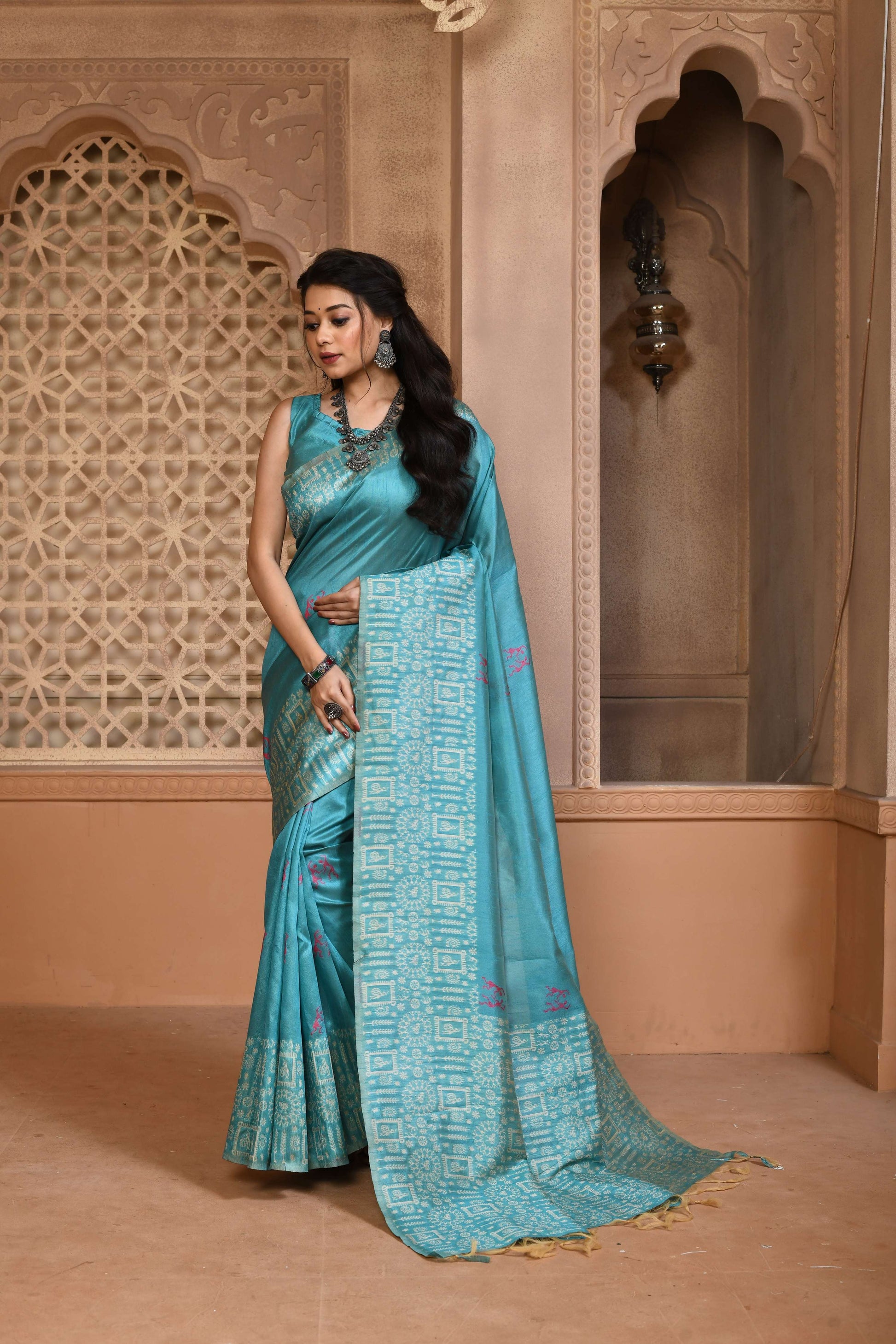 Jyoti Fashion Women's Firozi Handloom Raw Silk Weaving Pallu Traditional Saree with Blouse | Swadesiicart