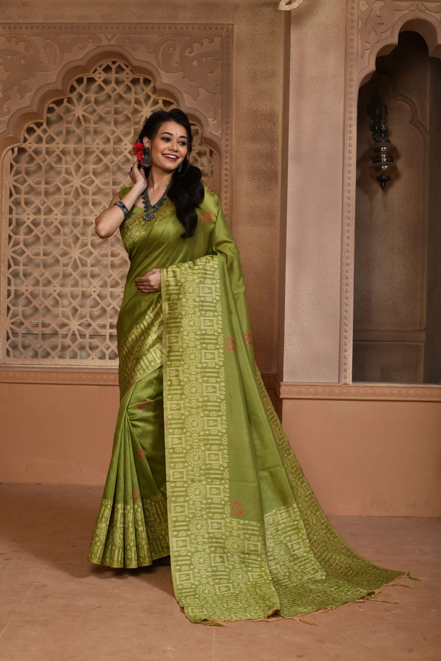 Jyoti Fashion Women's Green Handloom Raw Silk Weaving Pallu Traditional Saree with Blouse | Swadesiicart