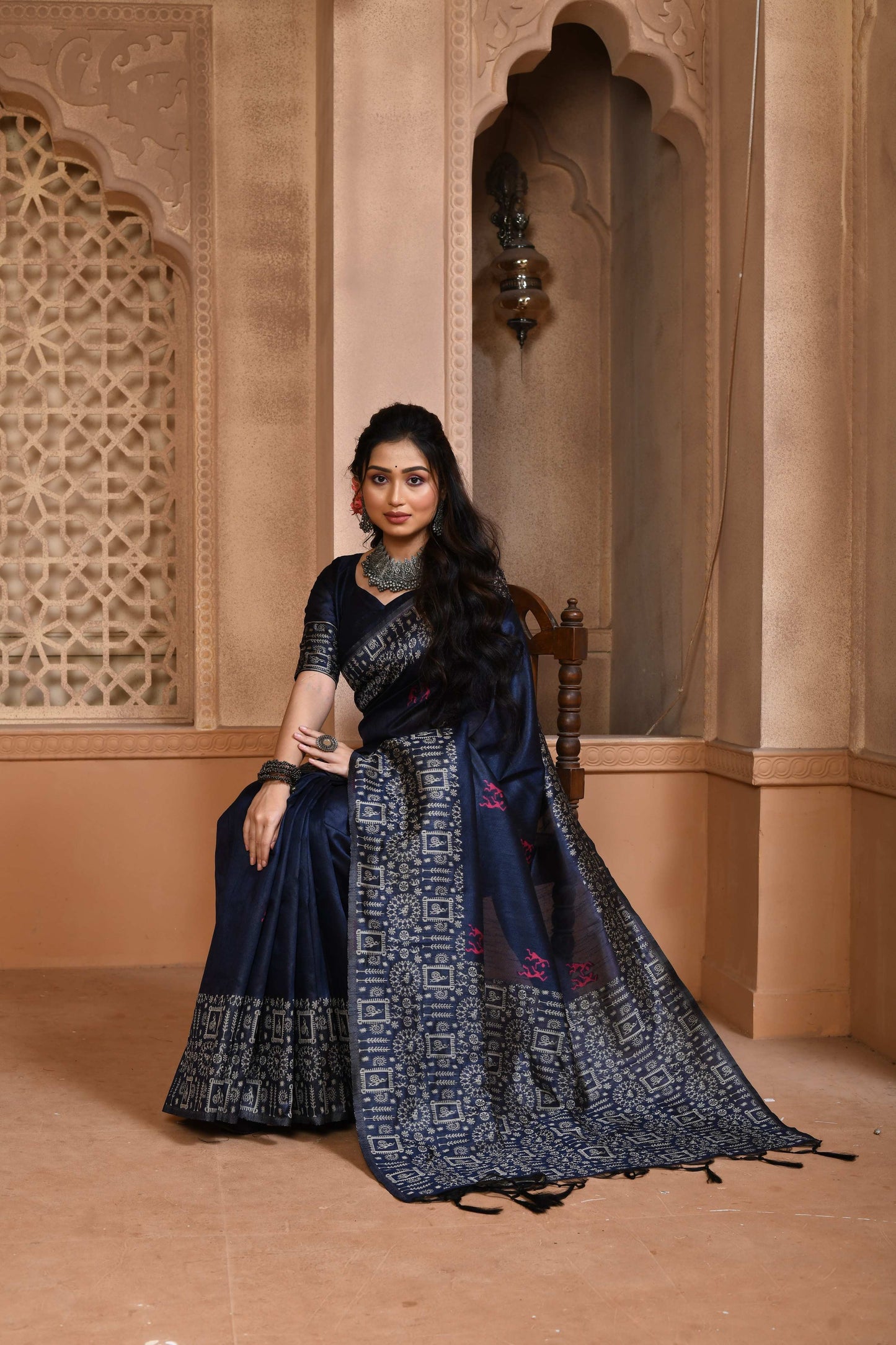 Jyoti Fashion Women's Navy Blue Handloom Raw Silk Weaving Pallu Traditional Saree with Blouse | Swadesiicart