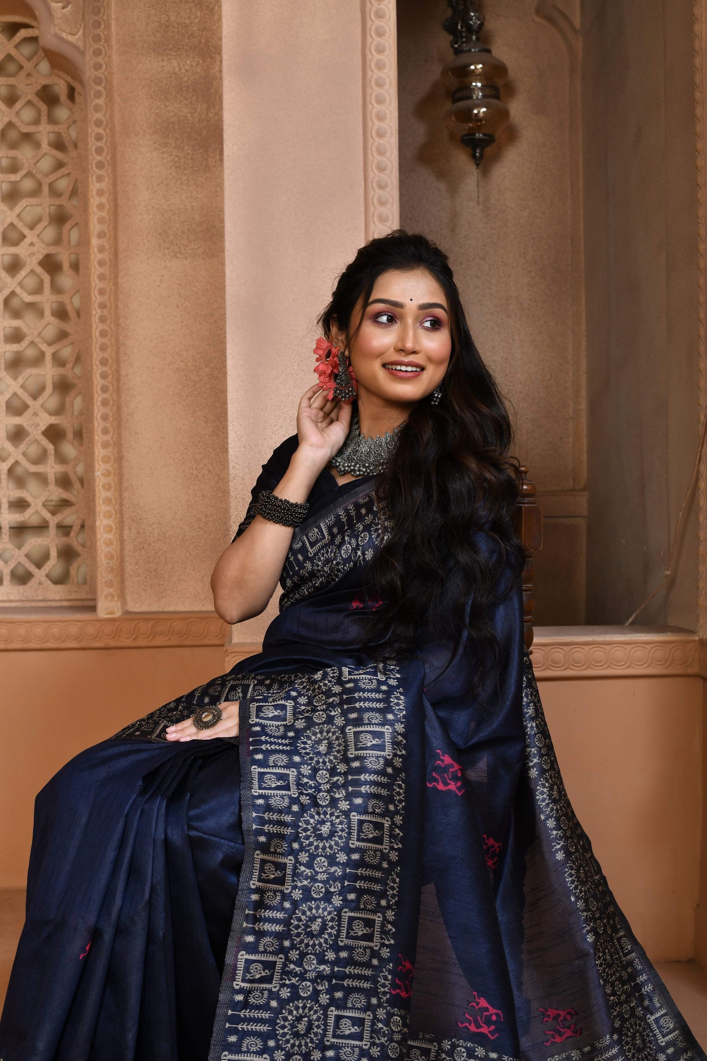 Jyoti Fashion Women's Navy Blue Handloom Raw Silk Weaving Pallu Traditional Saree with Blouse | Swadesiicart